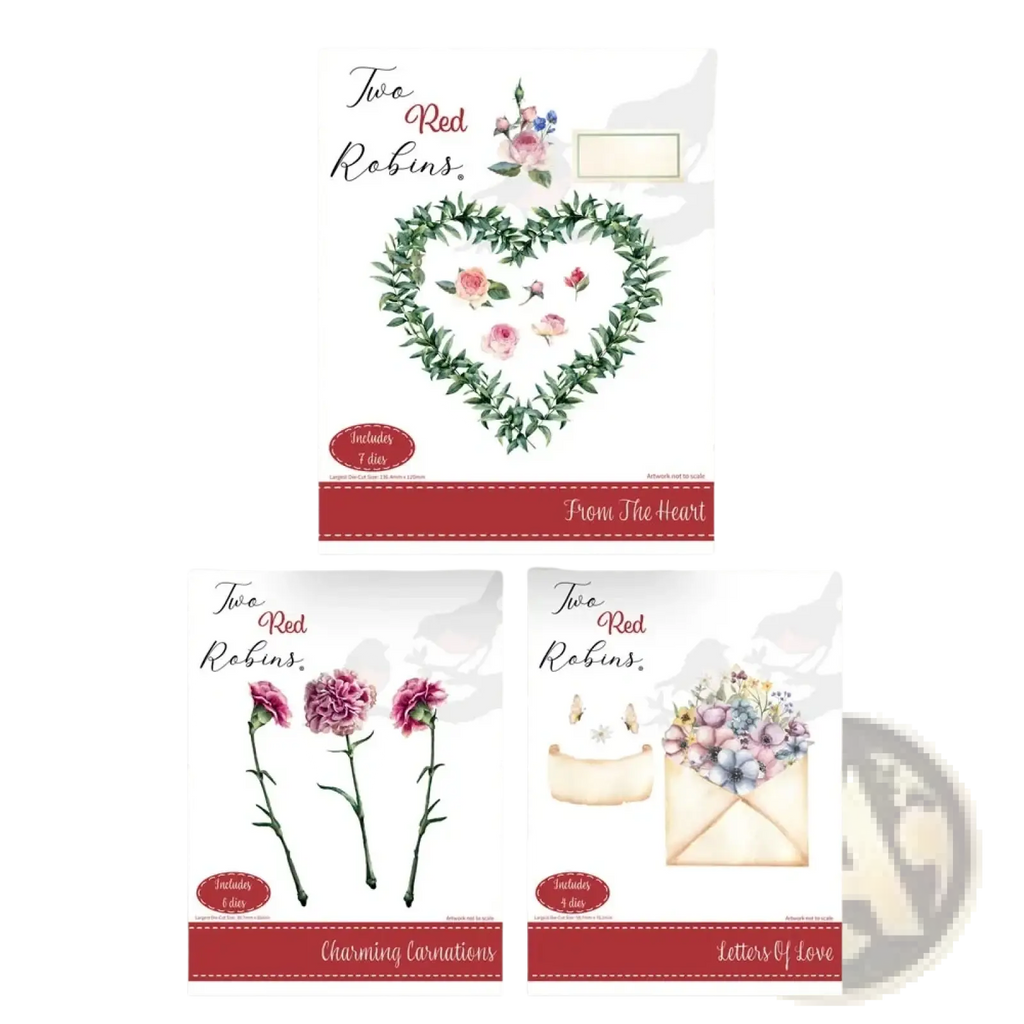 Set of three floral-themed Valentine metal cutting dies with red accents for diy cards on white printable paper