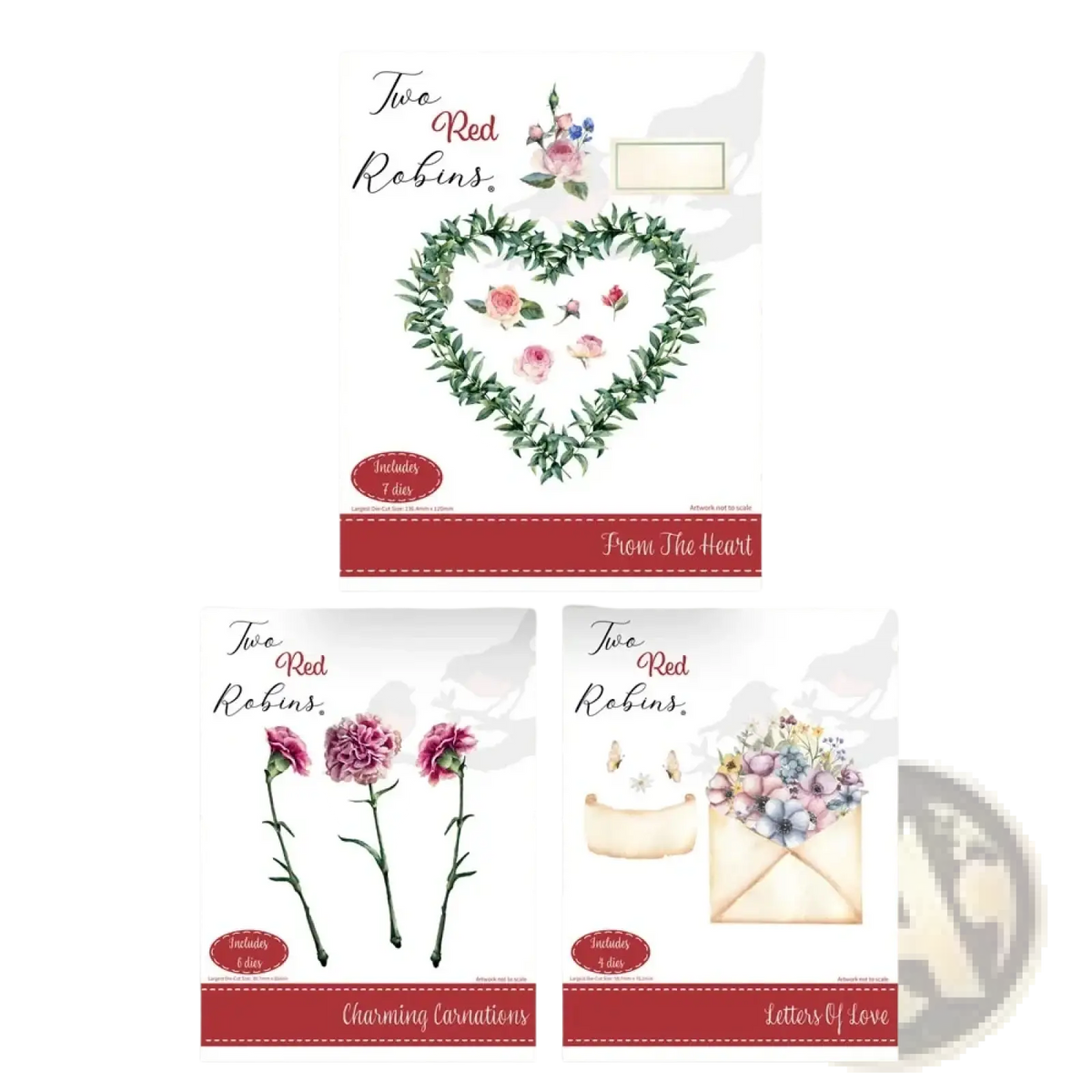 Set of three floral-themed Valentine metal cutting dies with red accents for diy cards on white printable paper