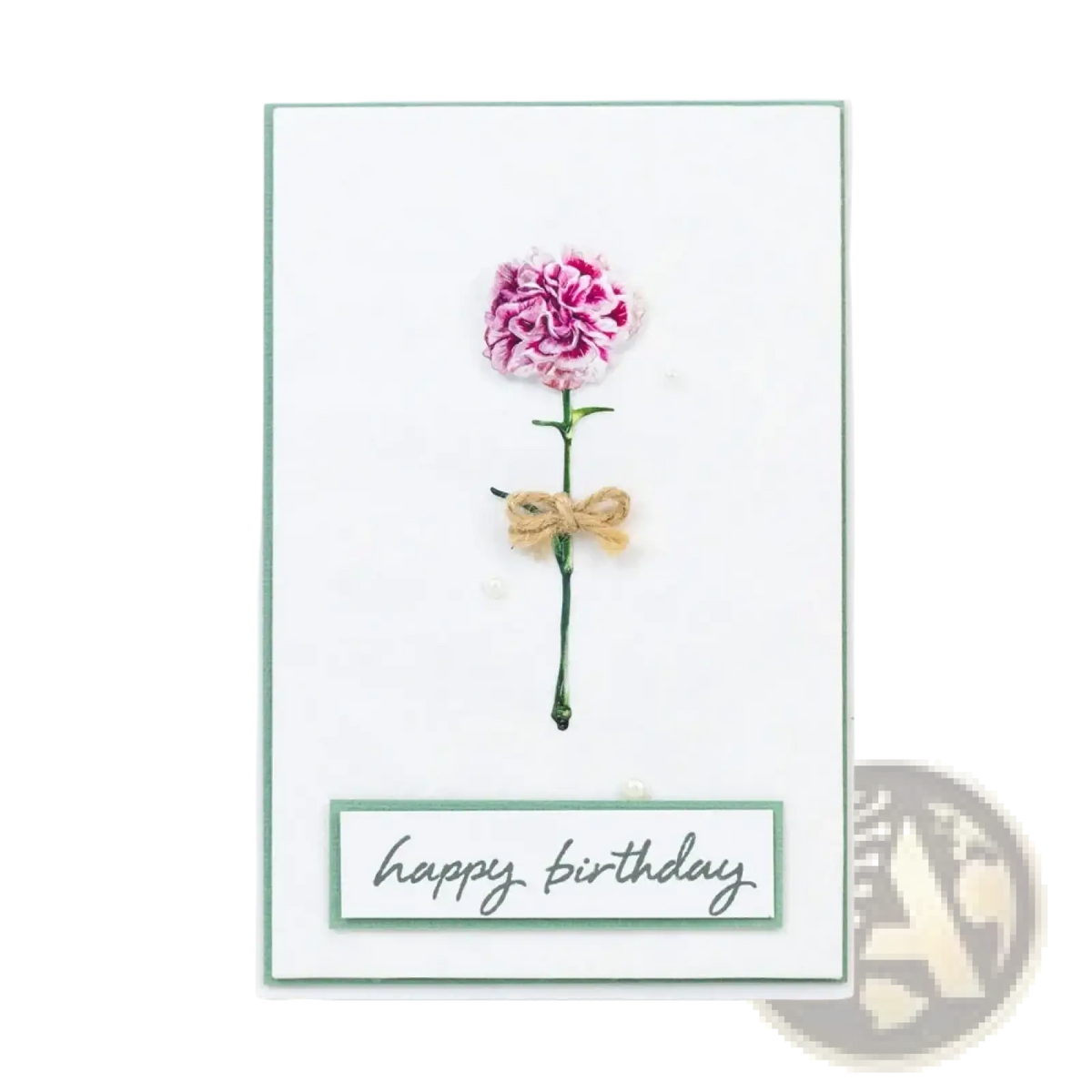 Valentine metal cutting die featuring a delicate pink and white fabric carnation tied with rustic twine on a birthday card