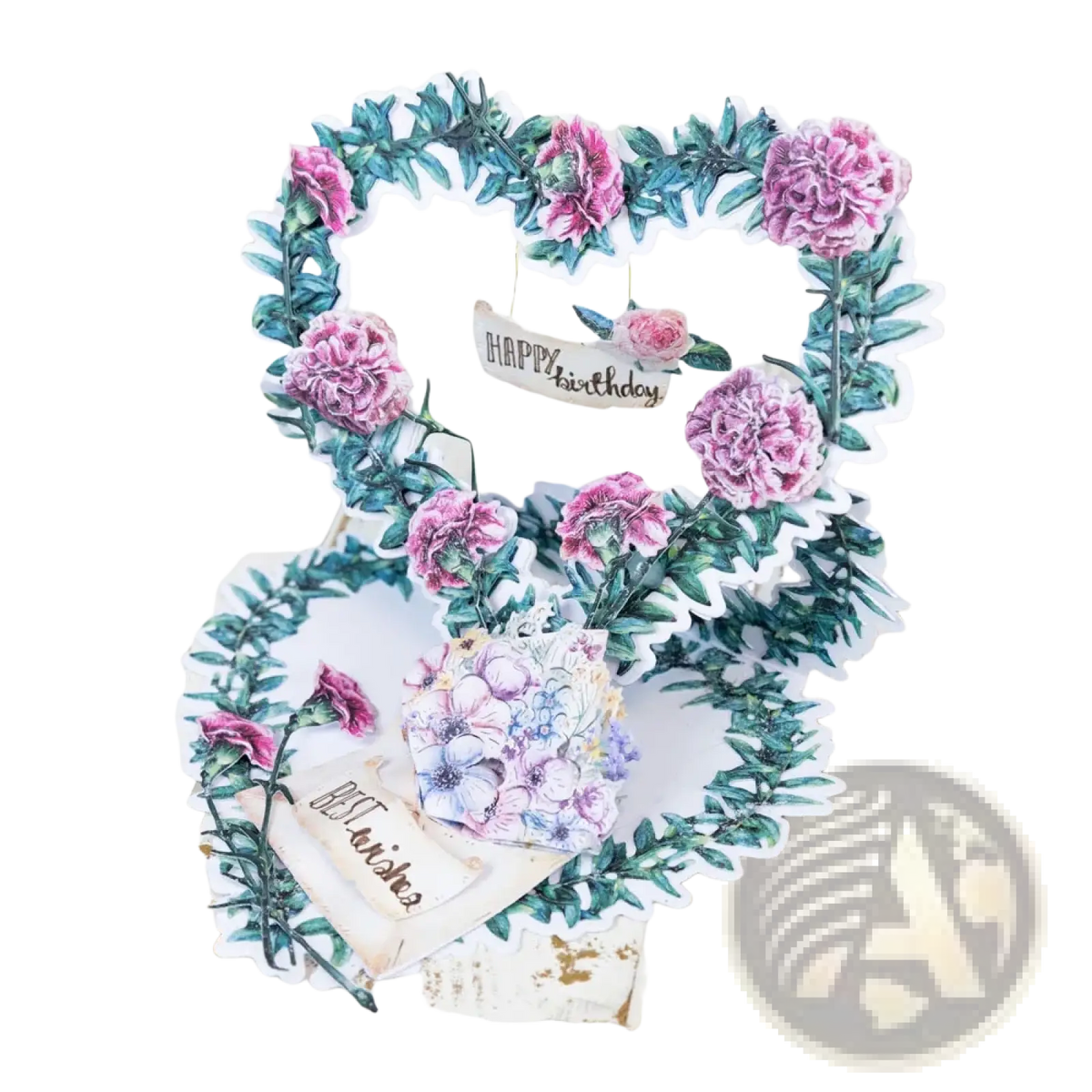 Valentine metal cutting die creating a delicate 3d paper heart card with pink purple flowers and green leaves for diy cards