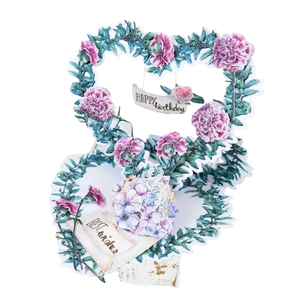 Valentine metal cutting die creating a delicate 3d paper heart card with pink purple flowers and green leaves for diy cards