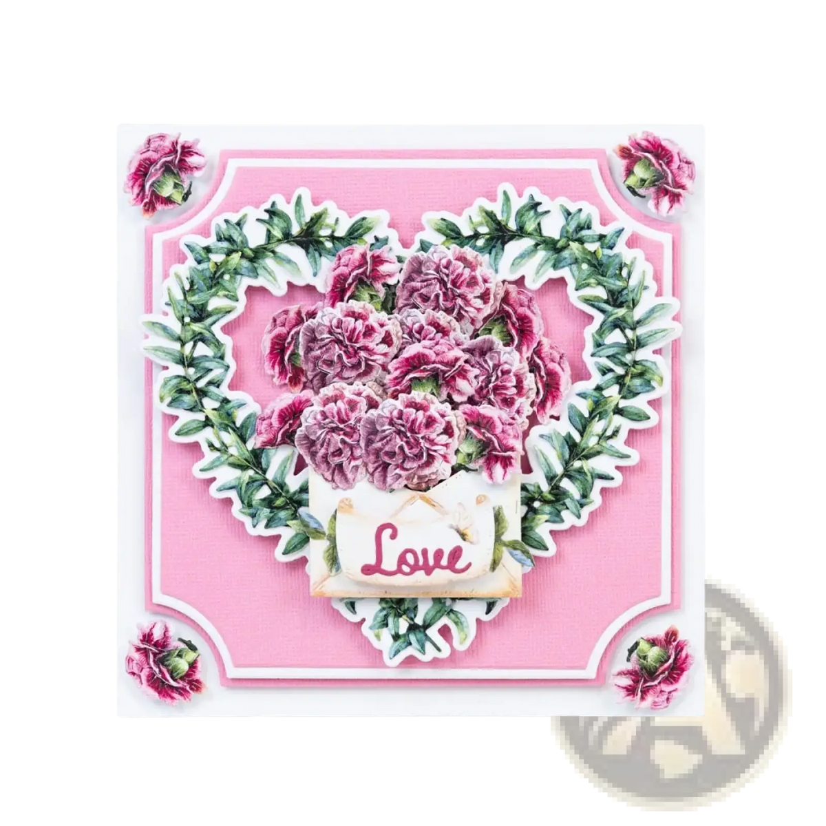 Valentine metal cutting die featuring a pink floral heart card with magenta carnations and leafy wreath for diy cards