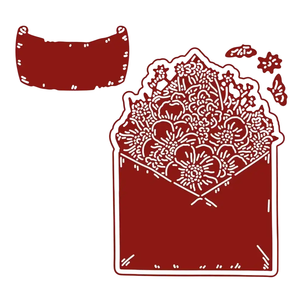 Valentine metal cutting die featuring a red envelope with intricate white floral cutout design for diy cards