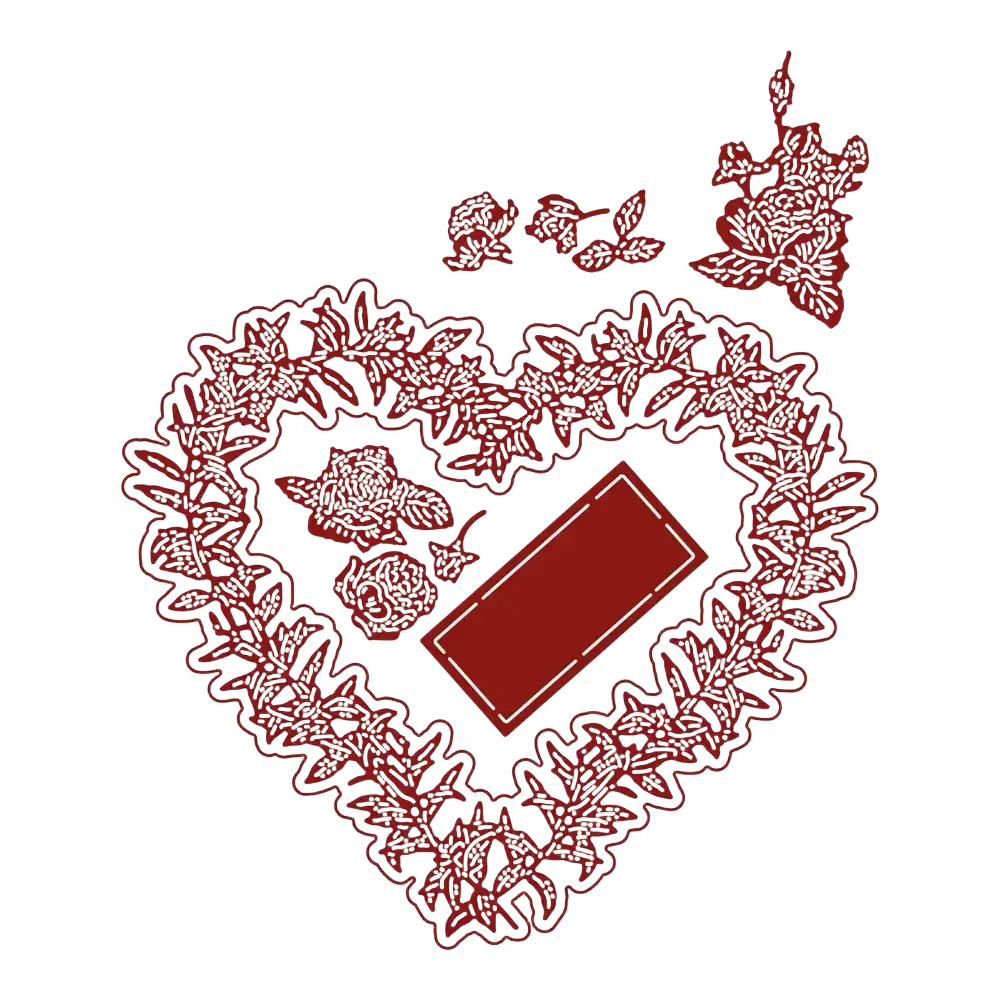 Red heart-shaped metal cutting die with intricate floral patterns and central tag for valentine diy cards