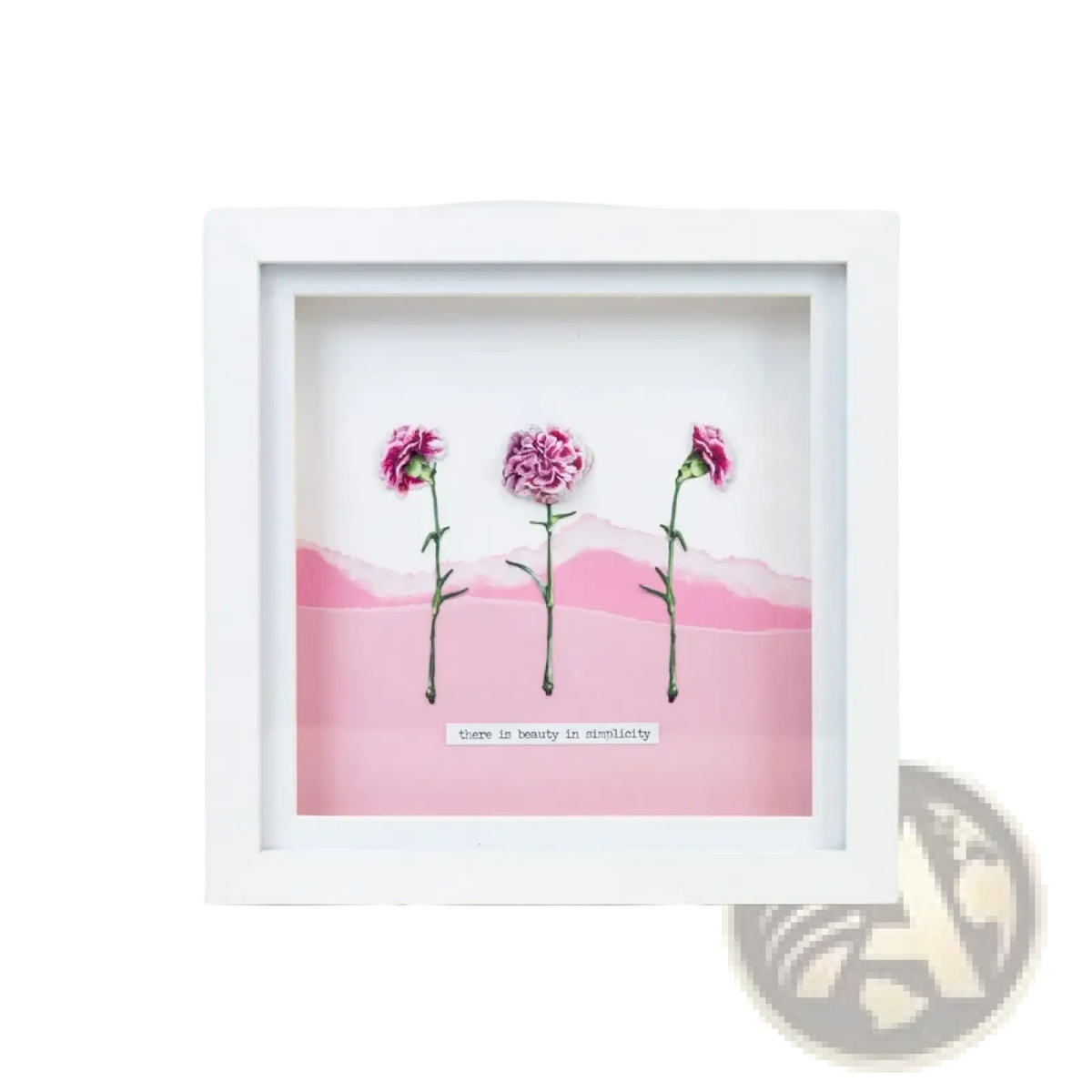 Valentine metal cutting die featuring white-framed art of pink carnations with green stems and a layered pink backdrop