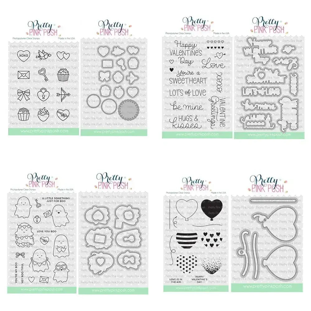 Set of eight clear stamp and valentine metal cutting dies sheets in black ink on transparent material for seasonal crafts