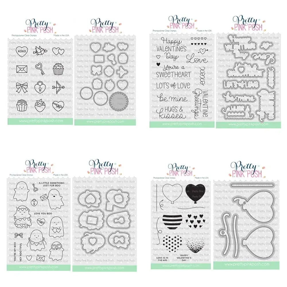 Set of eight clear stamp sheets from Pretty Pink Posh with black ink Valentine and Halloween designs on transparent plastic