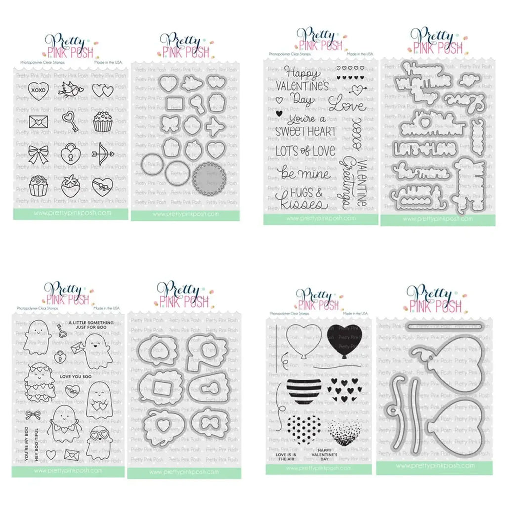 Set of eight clear stamp sheets from Pretty Pink Posh with black ink Valentine and Halloween designs on transparent plastic