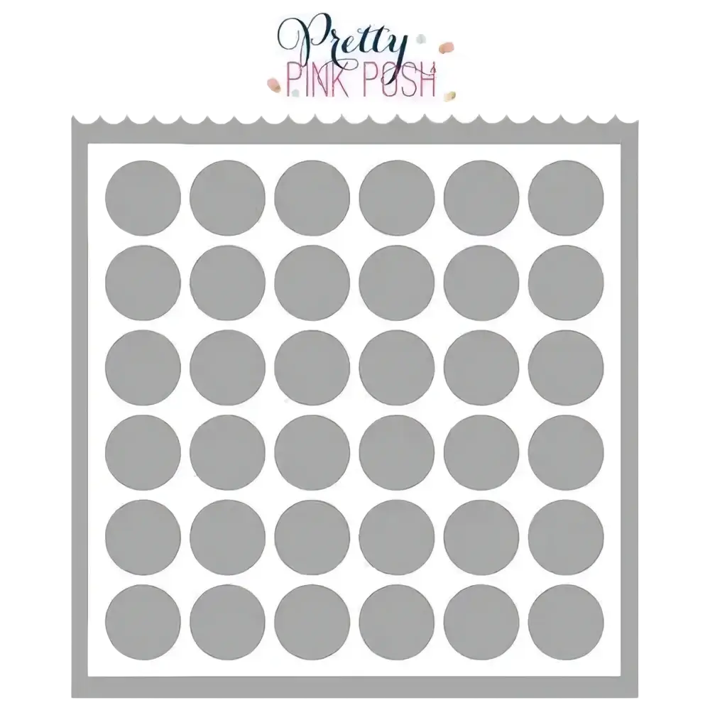 Gray circular metal cutting dies arranged in a grid on a white background branded with pretty pink push