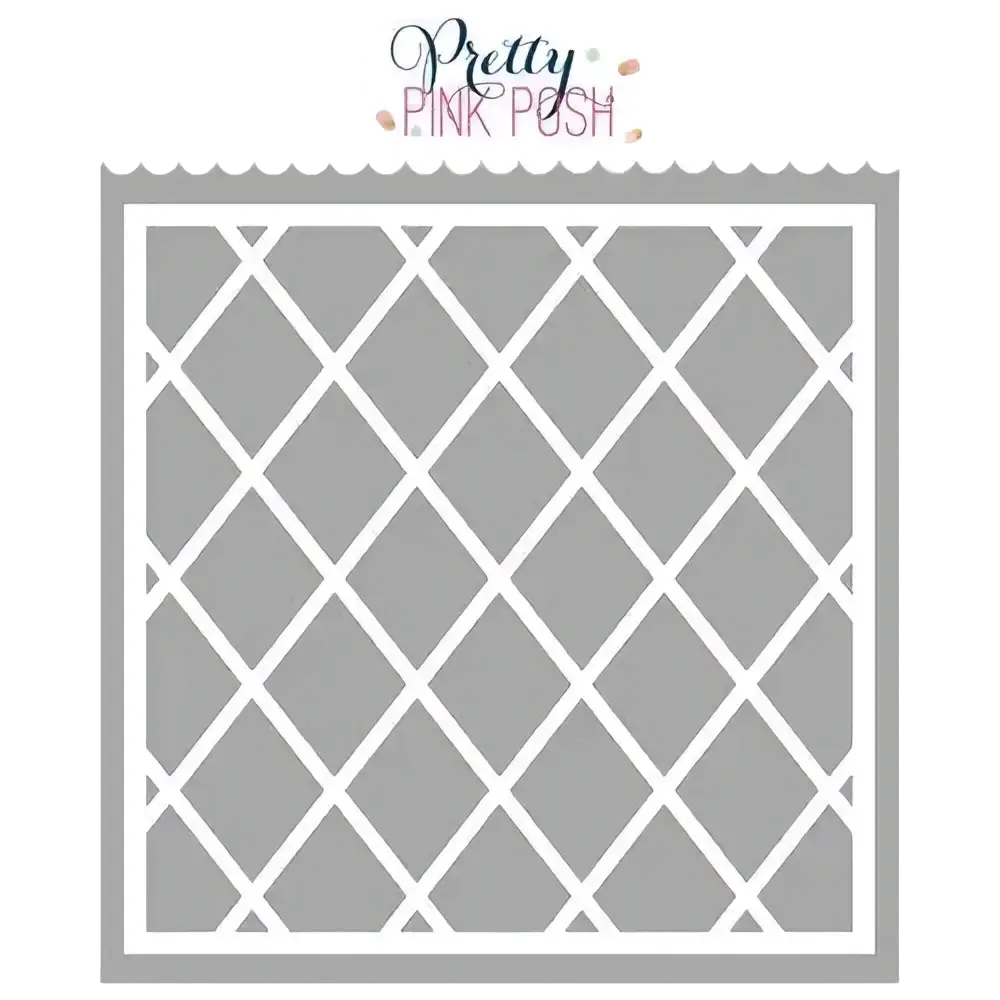 Gray diamond lattice metal cutting die with white scalloped top edge branded pretty pink push for Valentine crafts