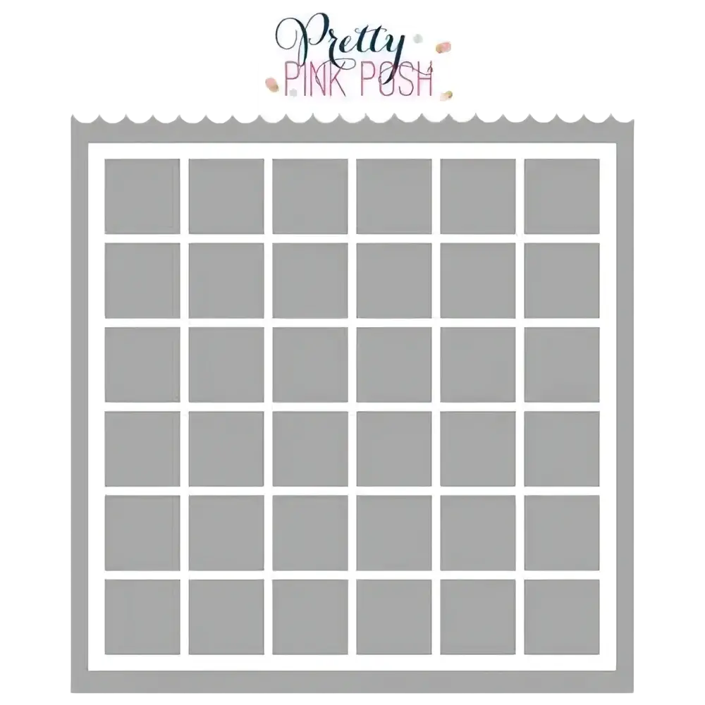 Valentine metal cutting dies and clear stamps set with gray scalloped-edge grid template and white-bordered compartments