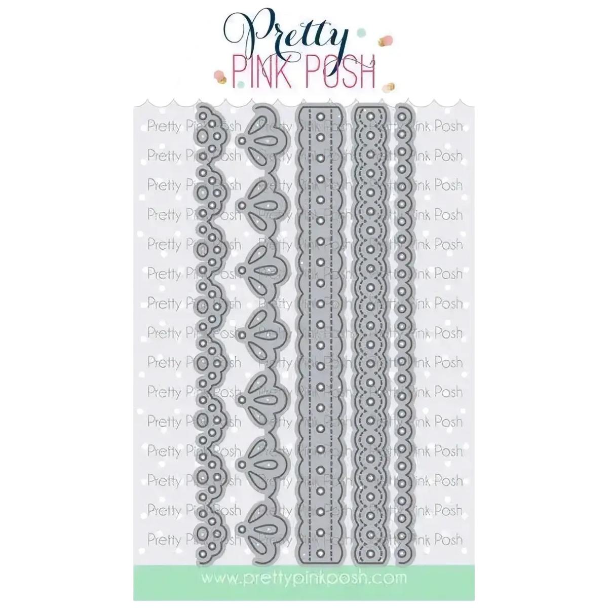 Valentine metal cutting dies set featuring intricate metallic silver die-cutting templates with lace-like floral patterns