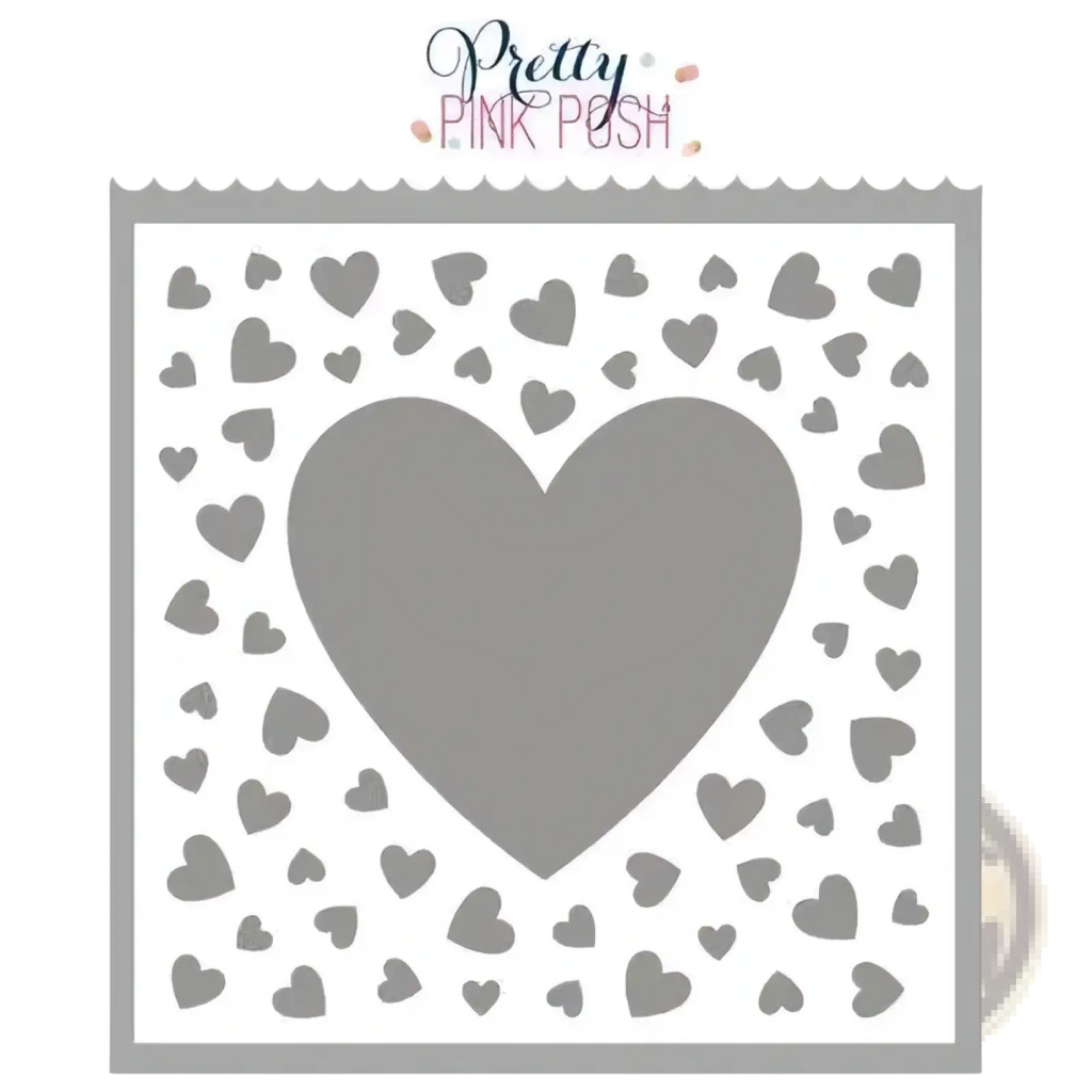 Gray heart-shaped metal cutting die with large center cutout and smaller hearts for valentine crafting projects
