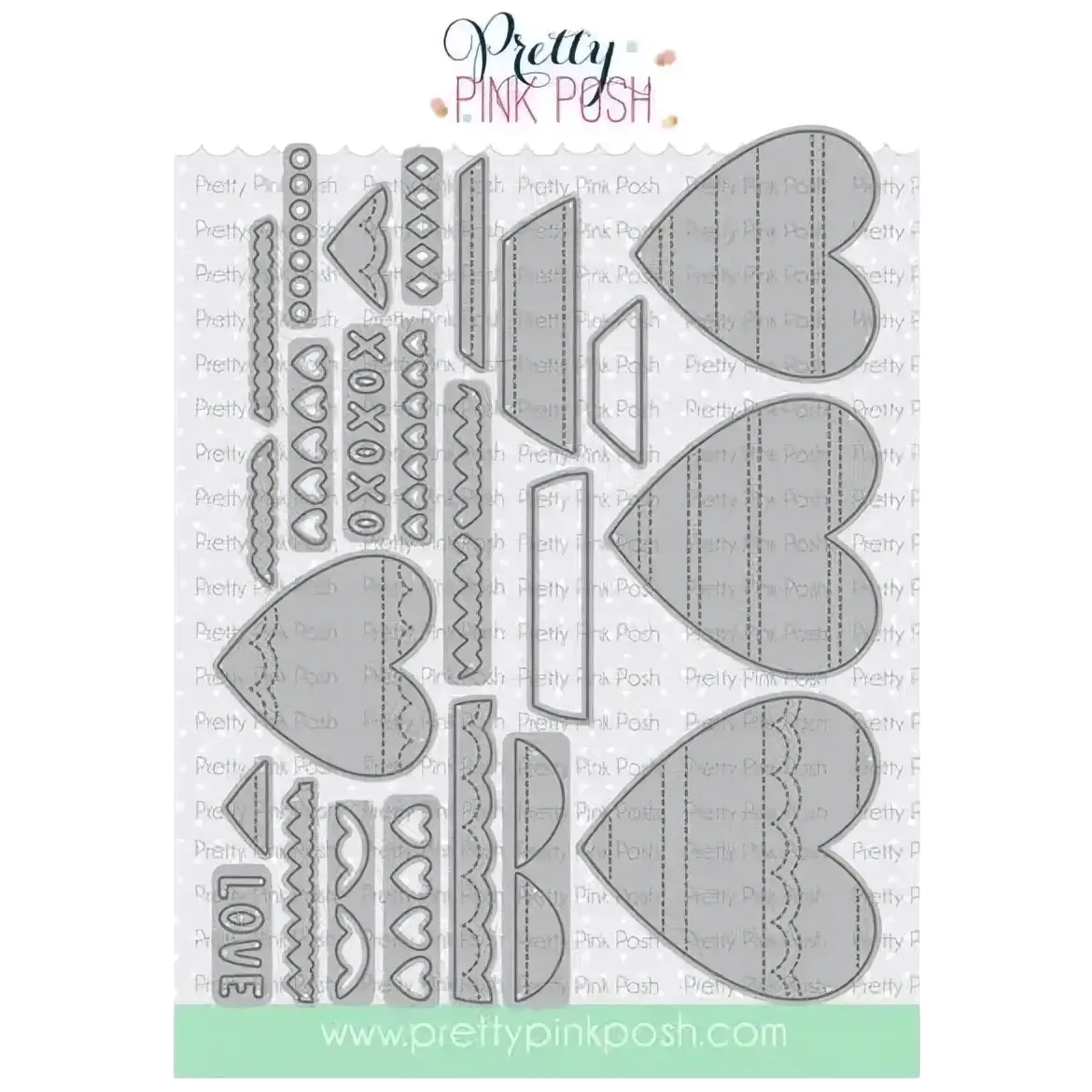 Set of metallic silver valentine metal cutting dies featuring hearts patterns and words love and xoxo for crafting
