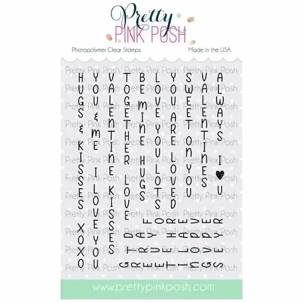 Clear photopolymer stamp set with black inked romantic phrases and heart by Pretty Pink Posh for Valentine crafts