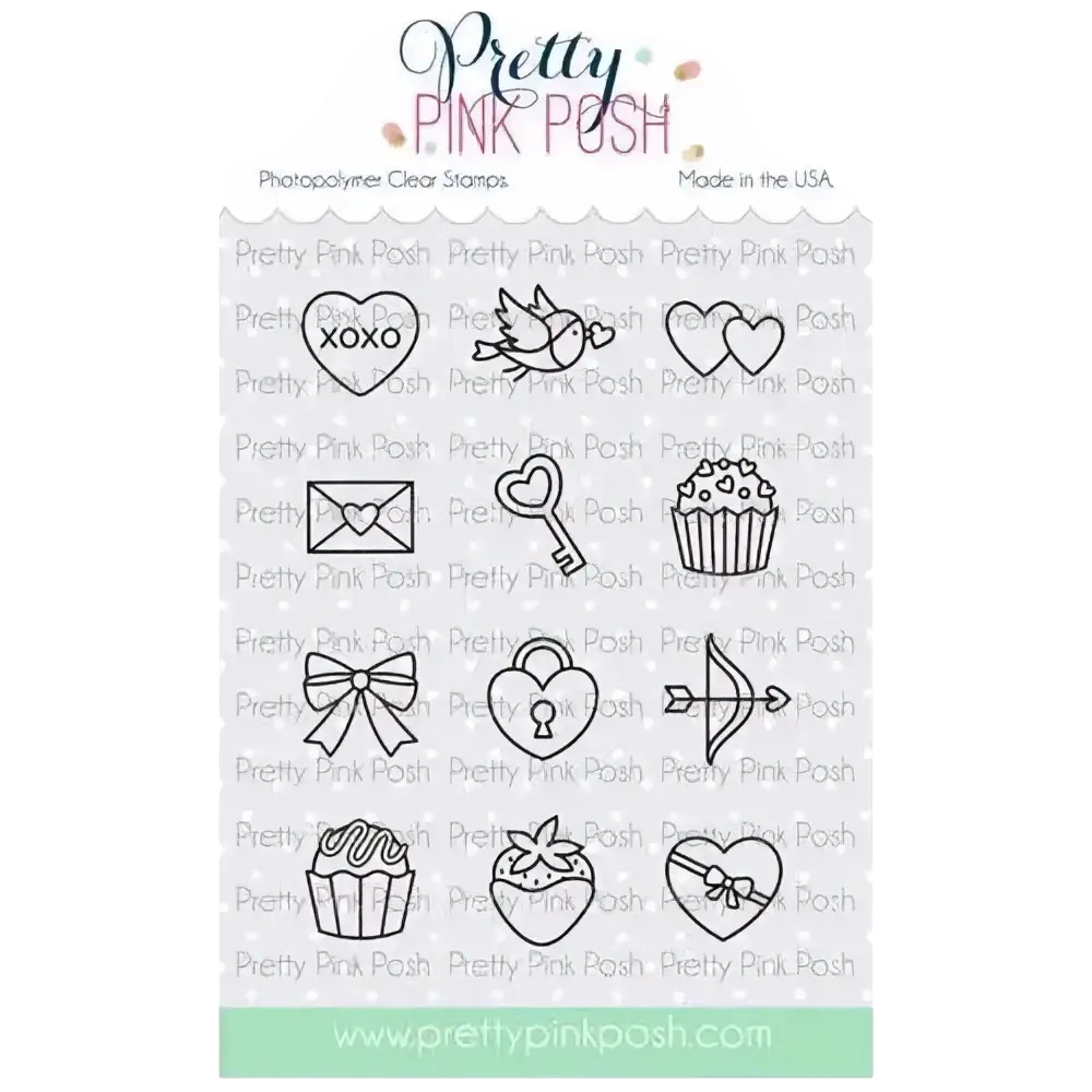 Valentine metal cutting dies and clear stamps set with clear photopolymer stamp sheet featuring black inked hearts birds bows and cupcakes