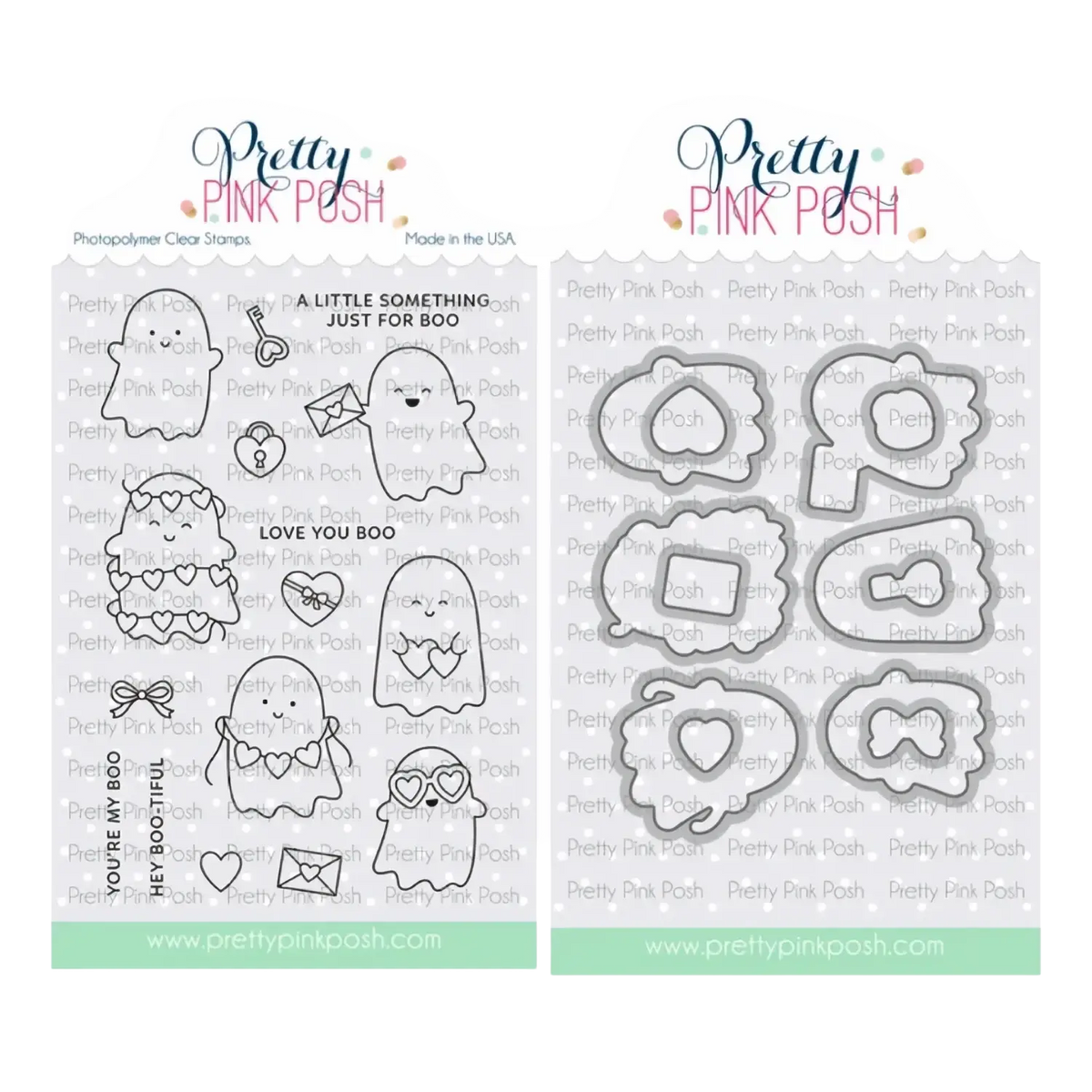 Valentine metal cutting dies and clear stamps set with halloween ghost, bow, envelope, and heart designs in photopolymer