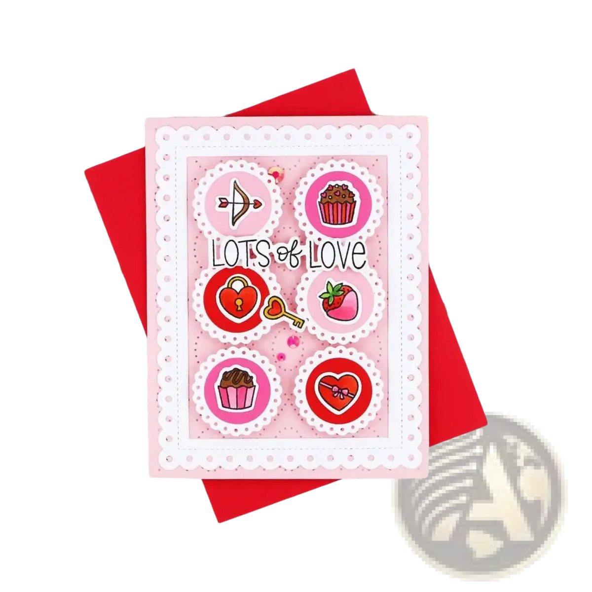 A pink handmade valentine’s day card with six circular die-cut embellishments using metal cutting dies and clear stamps set