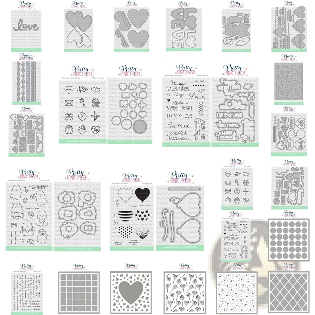Valentine metal cutting dies and clear stamps set with clear plastic stamps featuring black outlined hearts bows and phrases