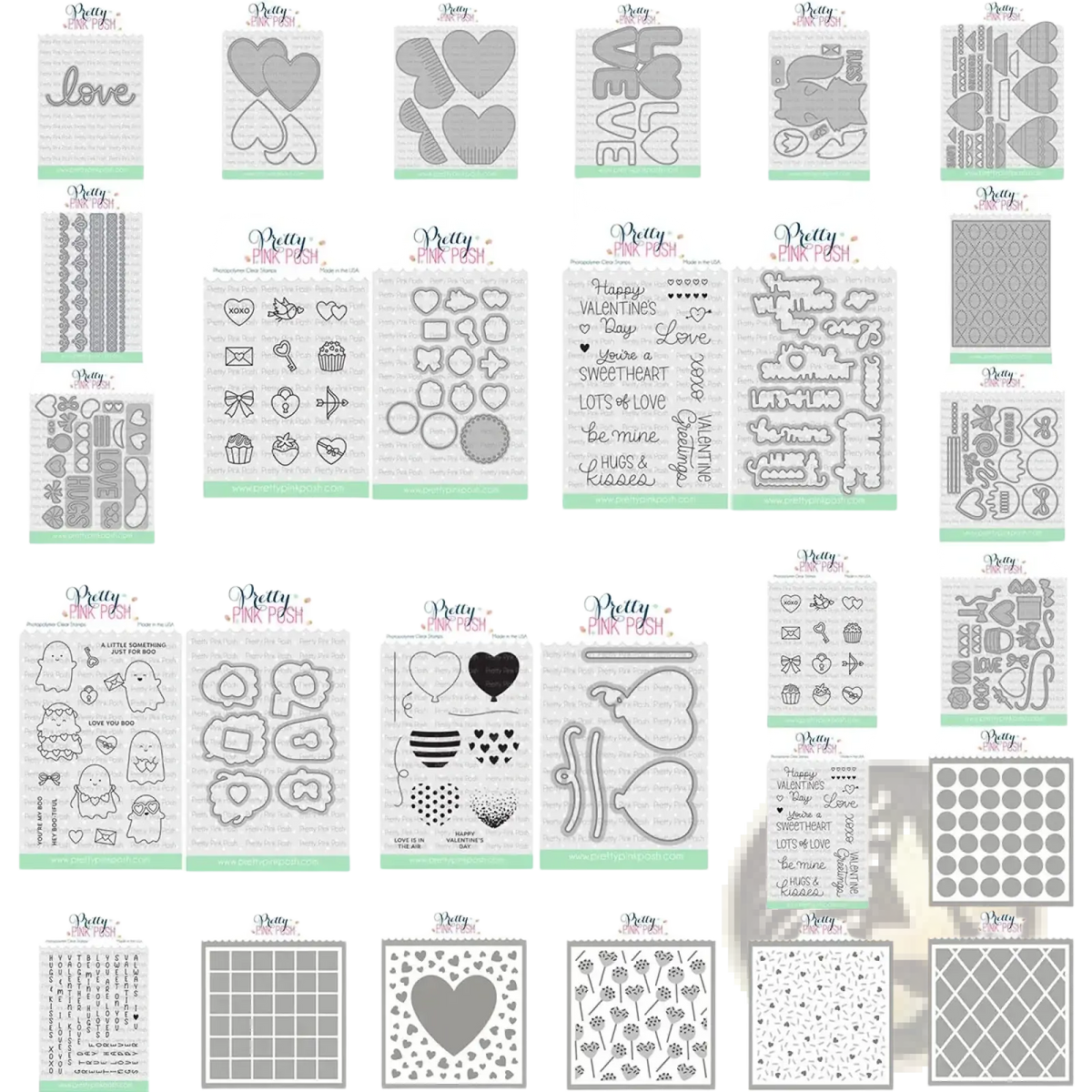 Valentine metal cutting dies and clear stamps set with clear plastic stamps featuring black outlined hearts bows and phrases