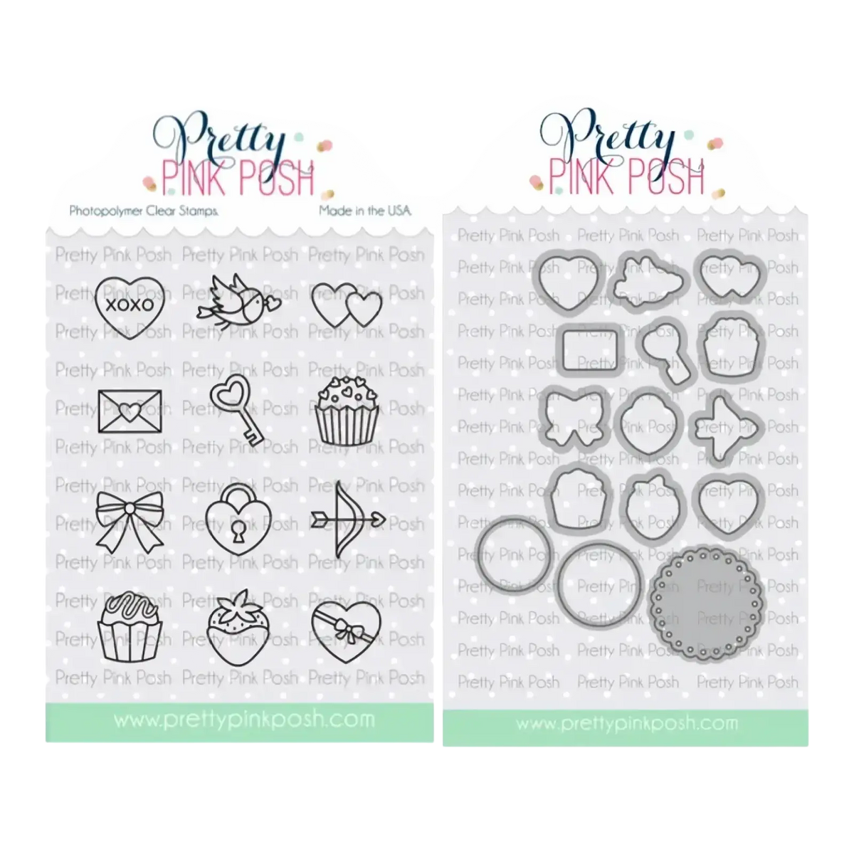 Valentine metal cutting dies and clear stamps set featuring pretty pink photopolymer clear stamps with black line art