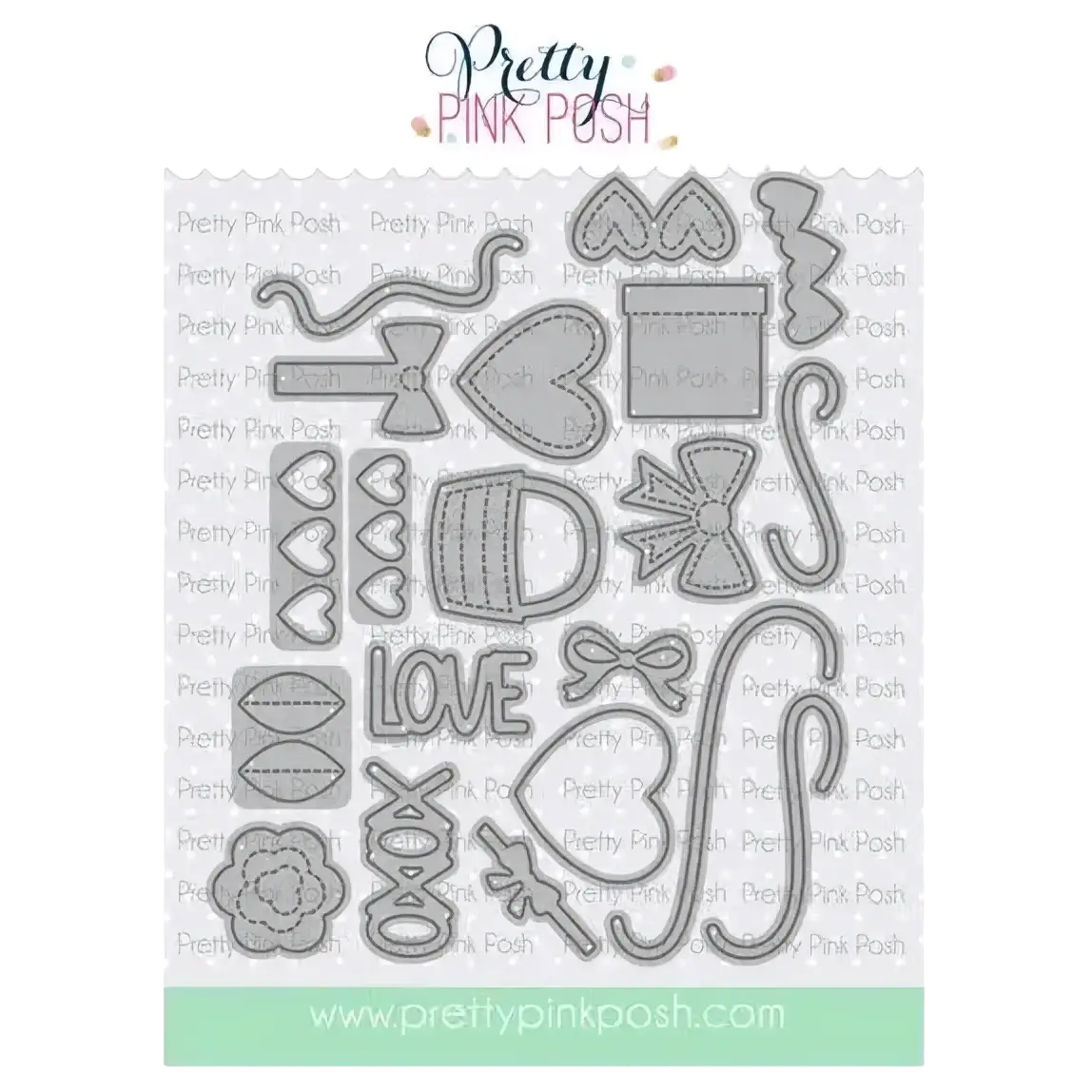 Silver metal valentine metal cutting dies set with intricate heart bow flower and love word designs