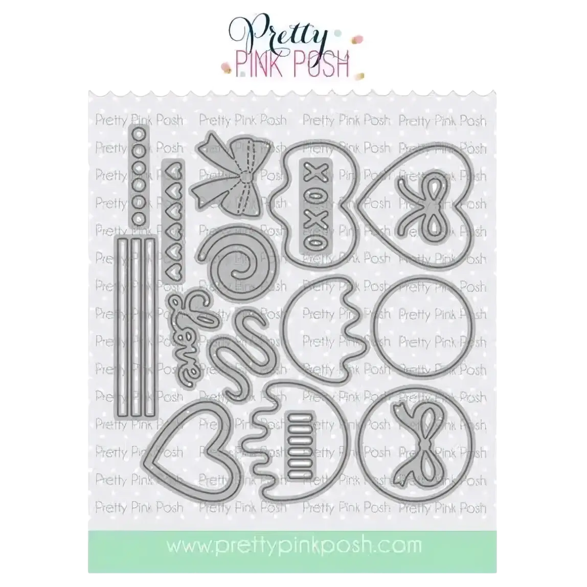 Valentine metal cutting dies and clear stamps set featuring silver metal die-cutting with bows hearts and decorative patterns from pretty pink posh