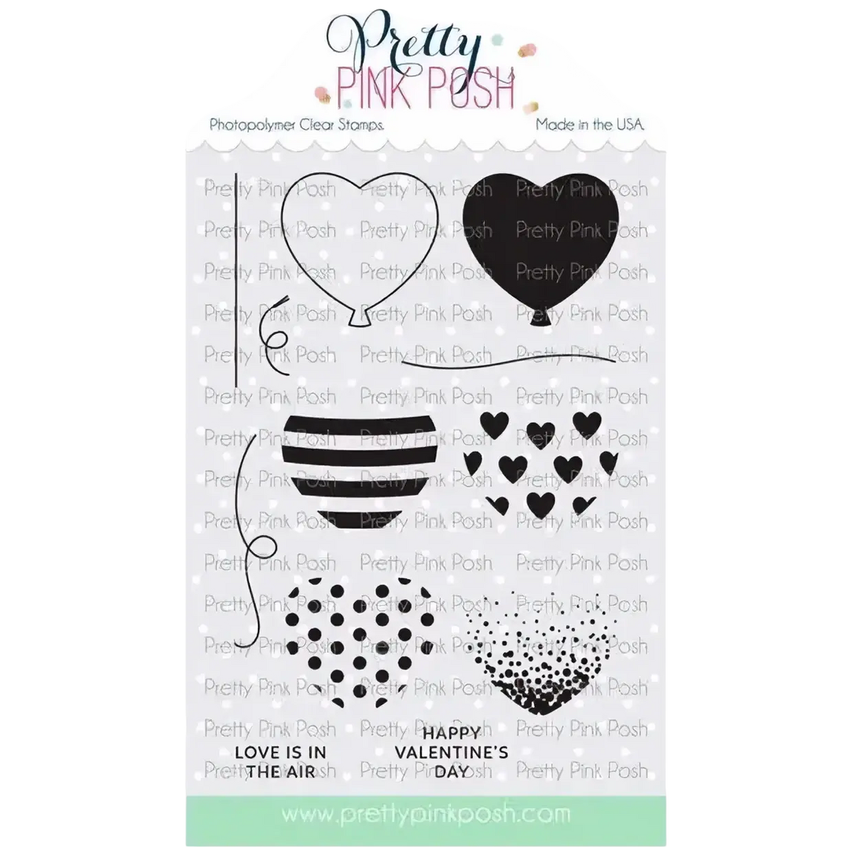 Valentine metal cutting dies and clear stamps set with black inked heart balloon striped designs and happy valentines day text
