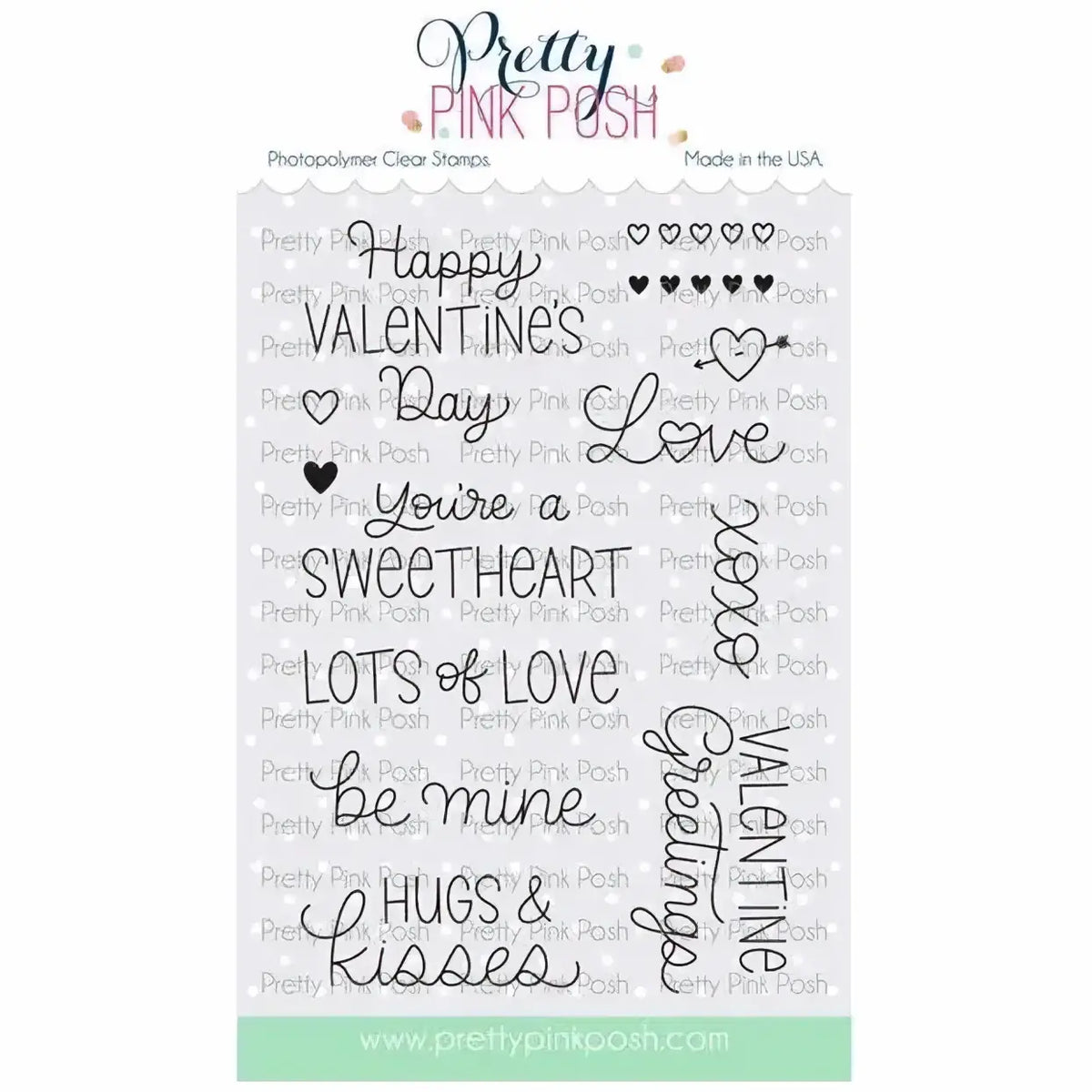 Clear stamp set with valentines day phrases and heart designs in black ink by pretty pink posh for card making