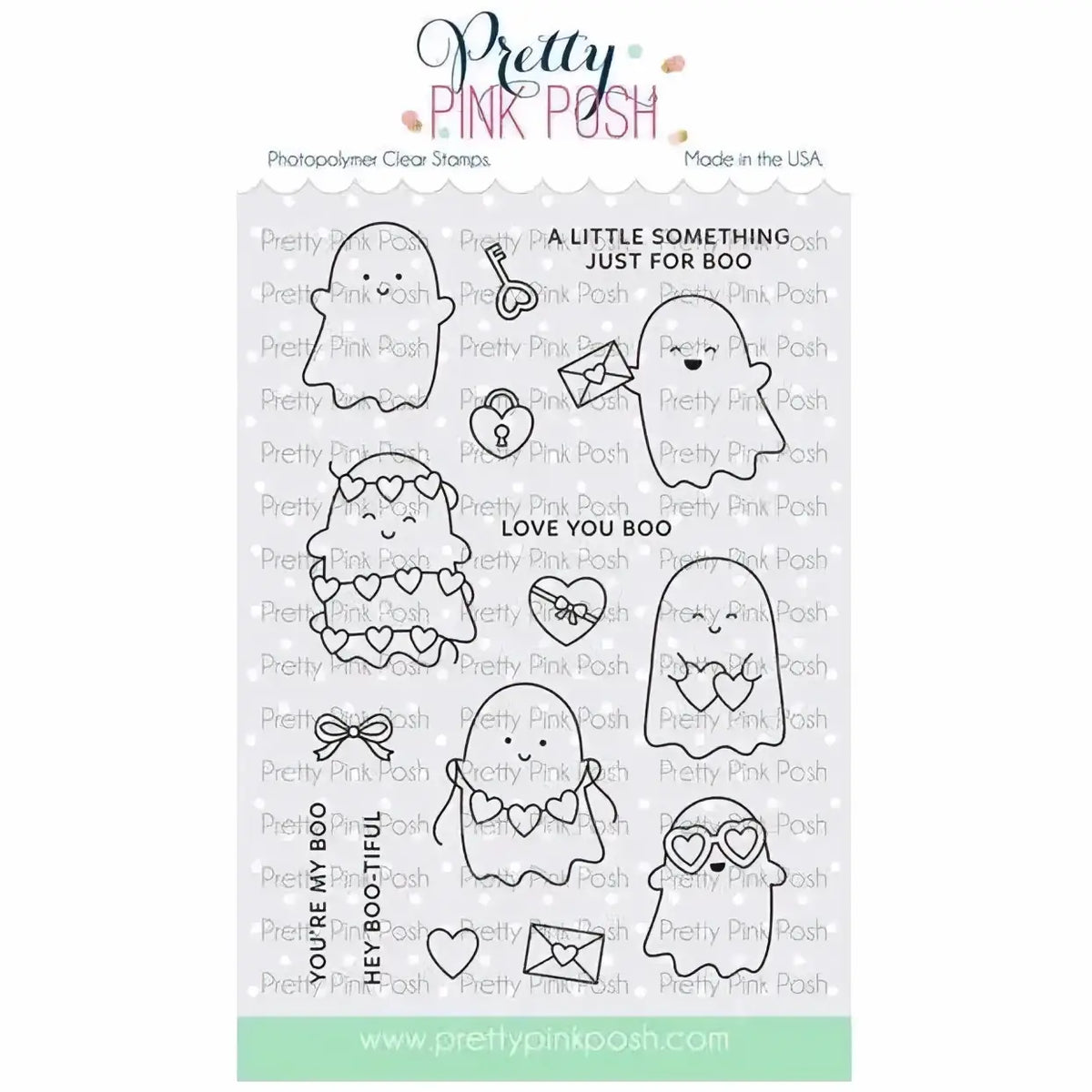 Valentine metal cutting dies and clear stamps set with clear stamps featuring black inked ghost designs hearts keys and envelopes