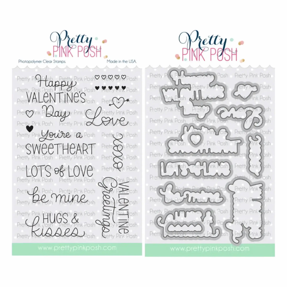Clear stamp set with valentine’s day phrases and heart designs paired with metallic silver valentine metal cutting dies