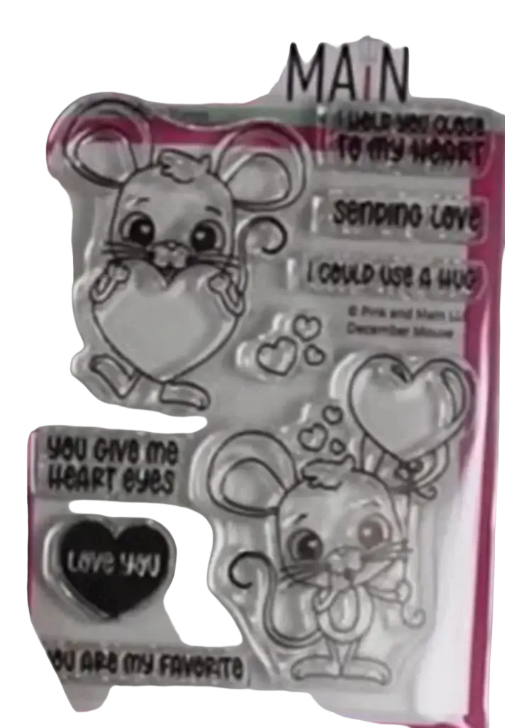 Clear acrylic Valentine Mouse stamp set by pink and main featuring cartoon mice holding hearts and loving phrases