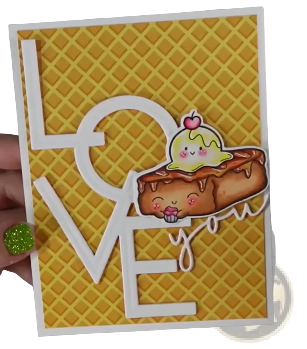 Valentine mouse metal cutting dies and clear stamps featuring a cheerful chocolate cake slice with green ice cream and pink cherry on yellow waffle background