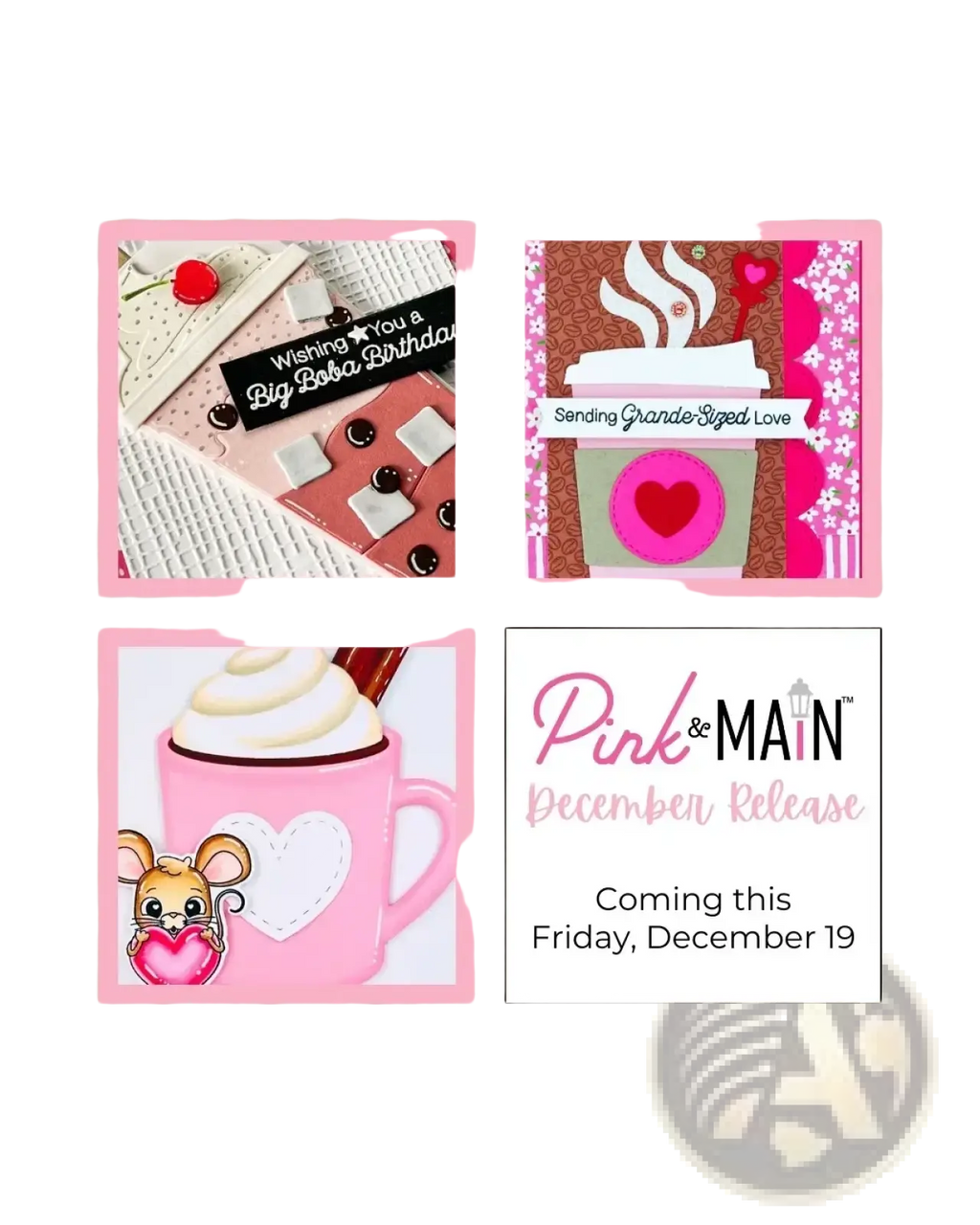 Pink ceramic mug with white whipped cream and heart cutout featuring valentine mouse metal cutting dies and clear stamps