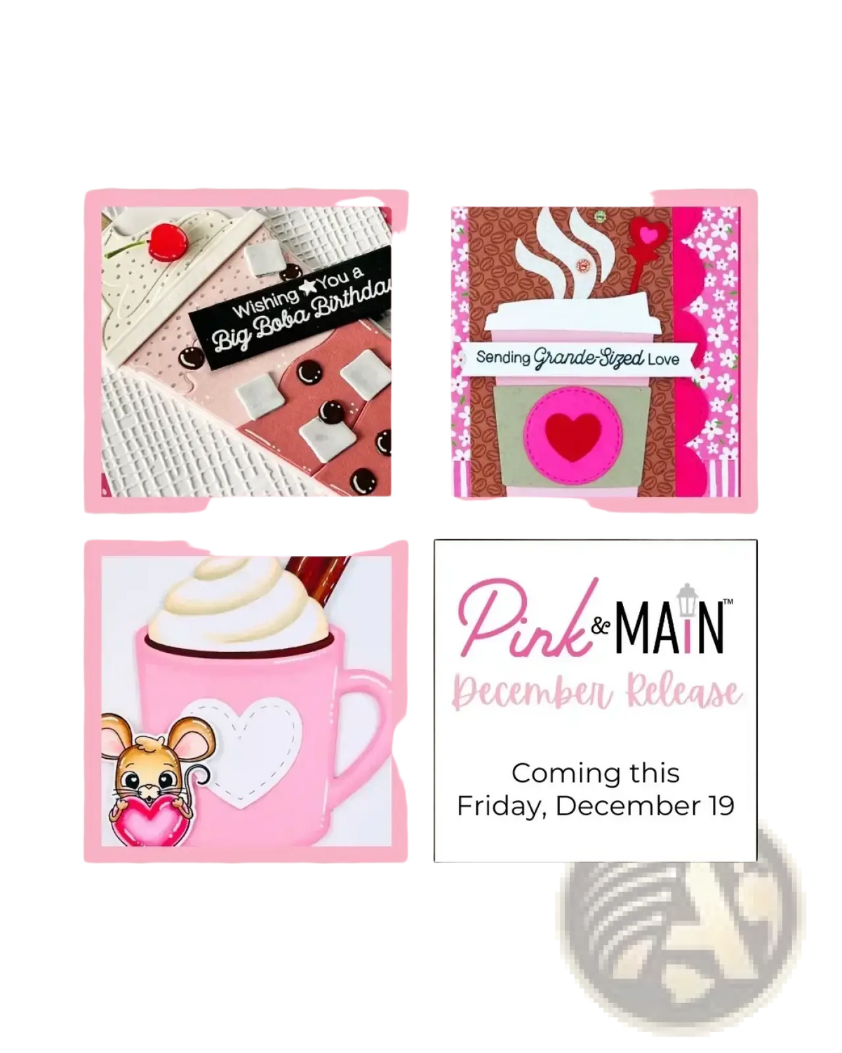 Pink ceramic mug with white whipped cream and heart cutout featuring valentine mouse metal cutting dies and clear stamps