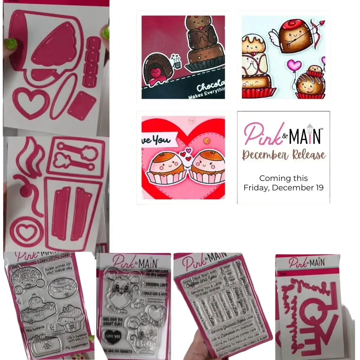Pink and main valentine mouse metal cutting dies and clear stamps featuring vibrant pink chocolate-themed cupcake designs