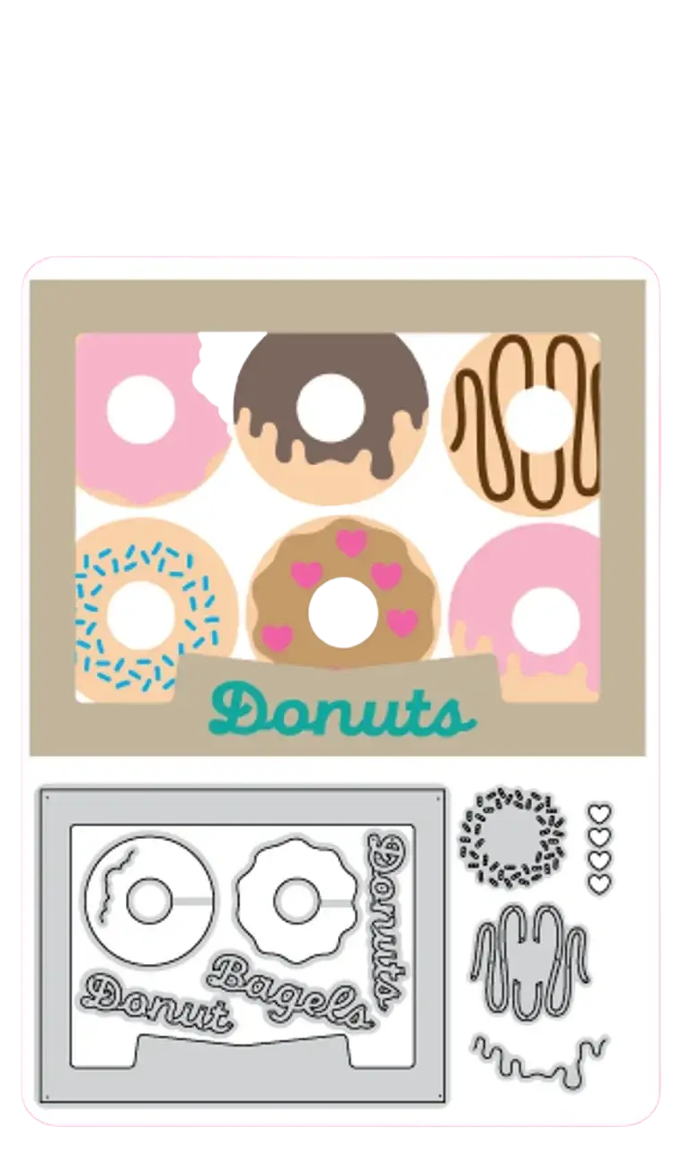 Pink and main donuts metal cutting die set with six pink brown and chocolate donut designs for valentine mouse crafts