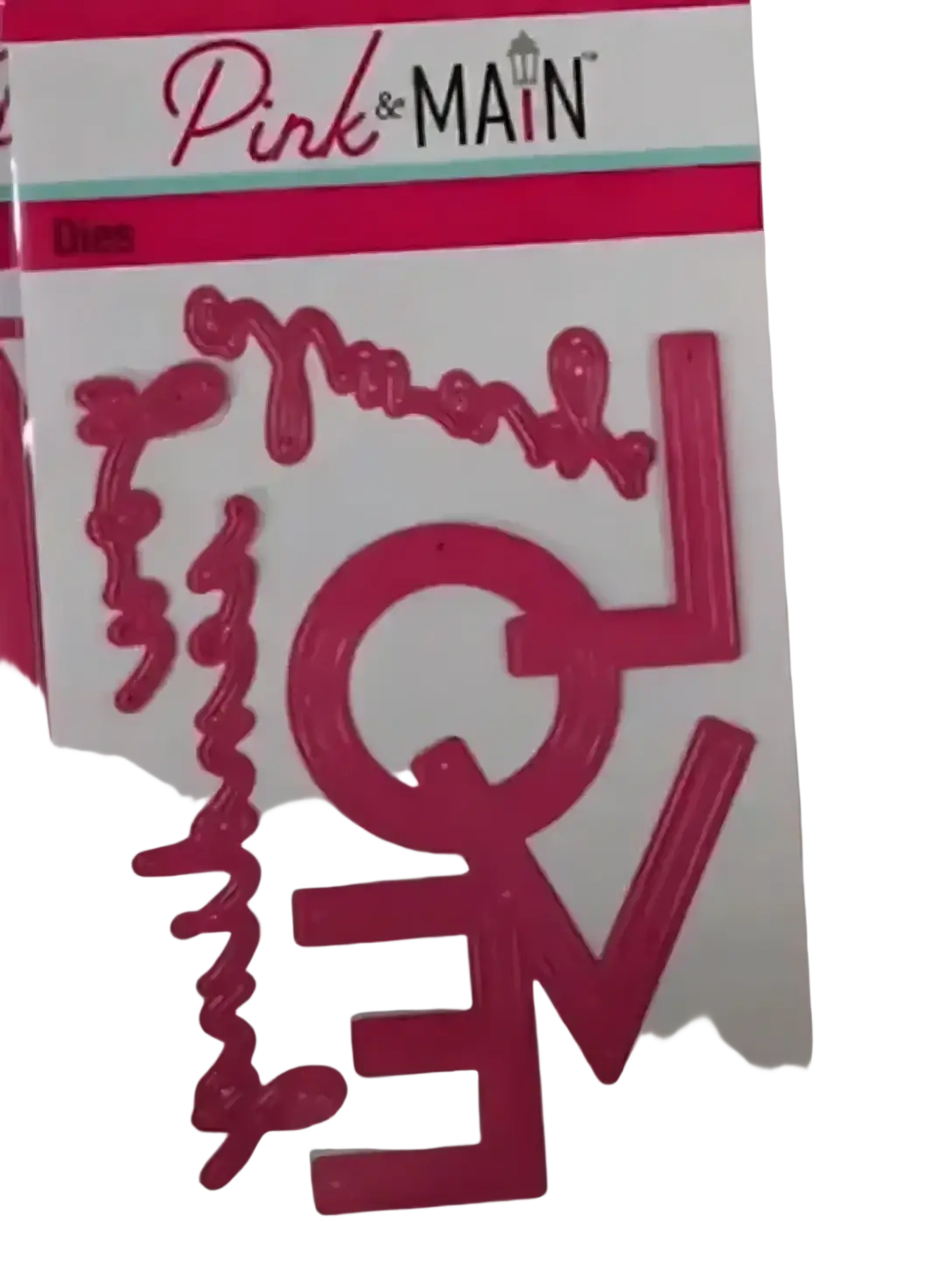 Pink and main valentine mouse metal cutting dies featuring die-cut love word in bold stylized letters with decorative flourishes
