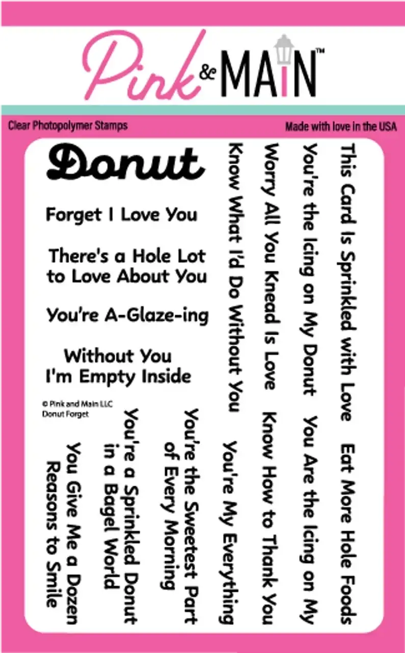 Pink and main clear photopolymer stamp set with donut-themed designs and playful valentine mouse phrases for crafting