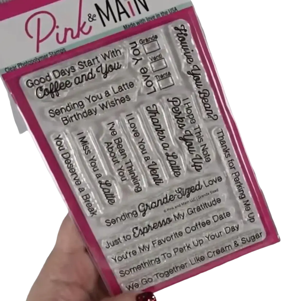 Pink and main clear photopolymer stamp set with black inked coffee phrases in vibrant pink packaging for valentinemouse craft projects