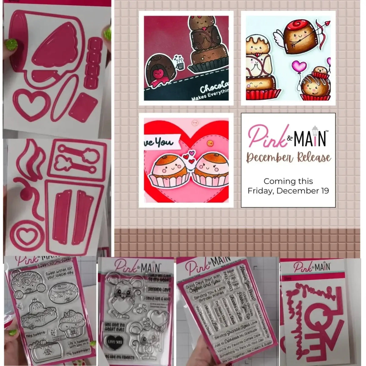 Pink and main valentine mouse metal cutting dies and clear stamps featuring vibrant pink chocolate-themed cupcake designs