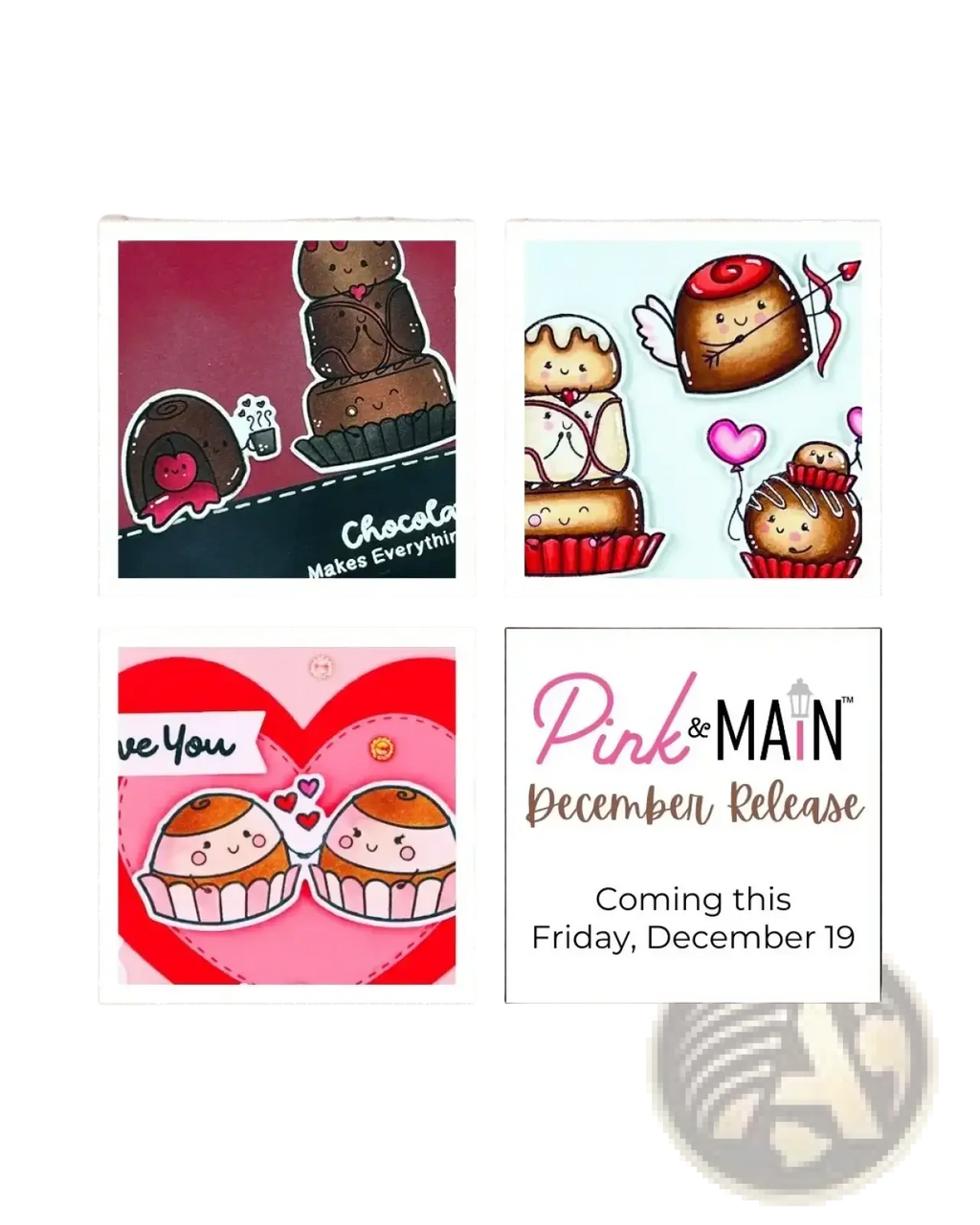 Pink and main december release graphic featuring cute chocolate-themed cartoon illustrations for valentine mouse metal cutting dies and clear stamps