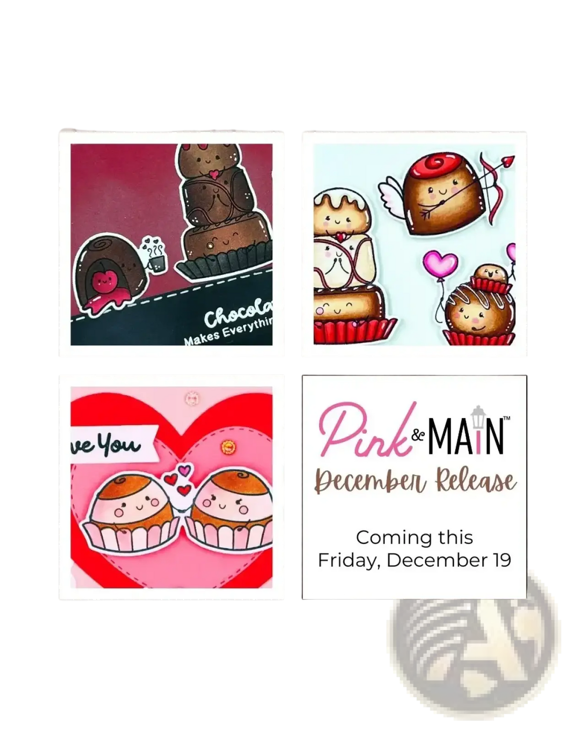 Pink and main december release graphic featuring cute chocolate-themed cartoon illustrations for valentine mouse metal cutting dies and clear stamps