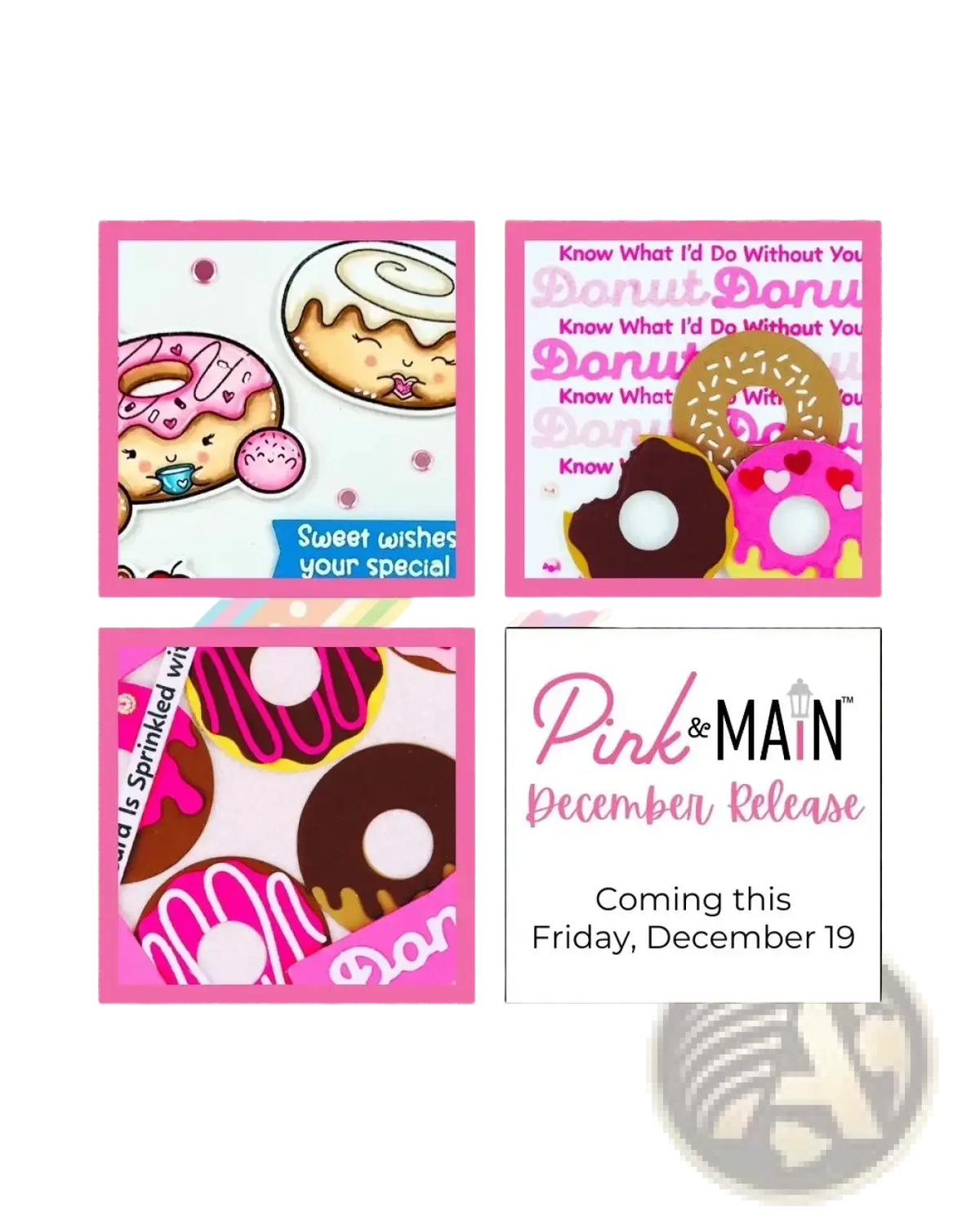 Valentine mouse metal cutting dies and clear stamps featuring pink and brown donut-themed designs with colorful icing