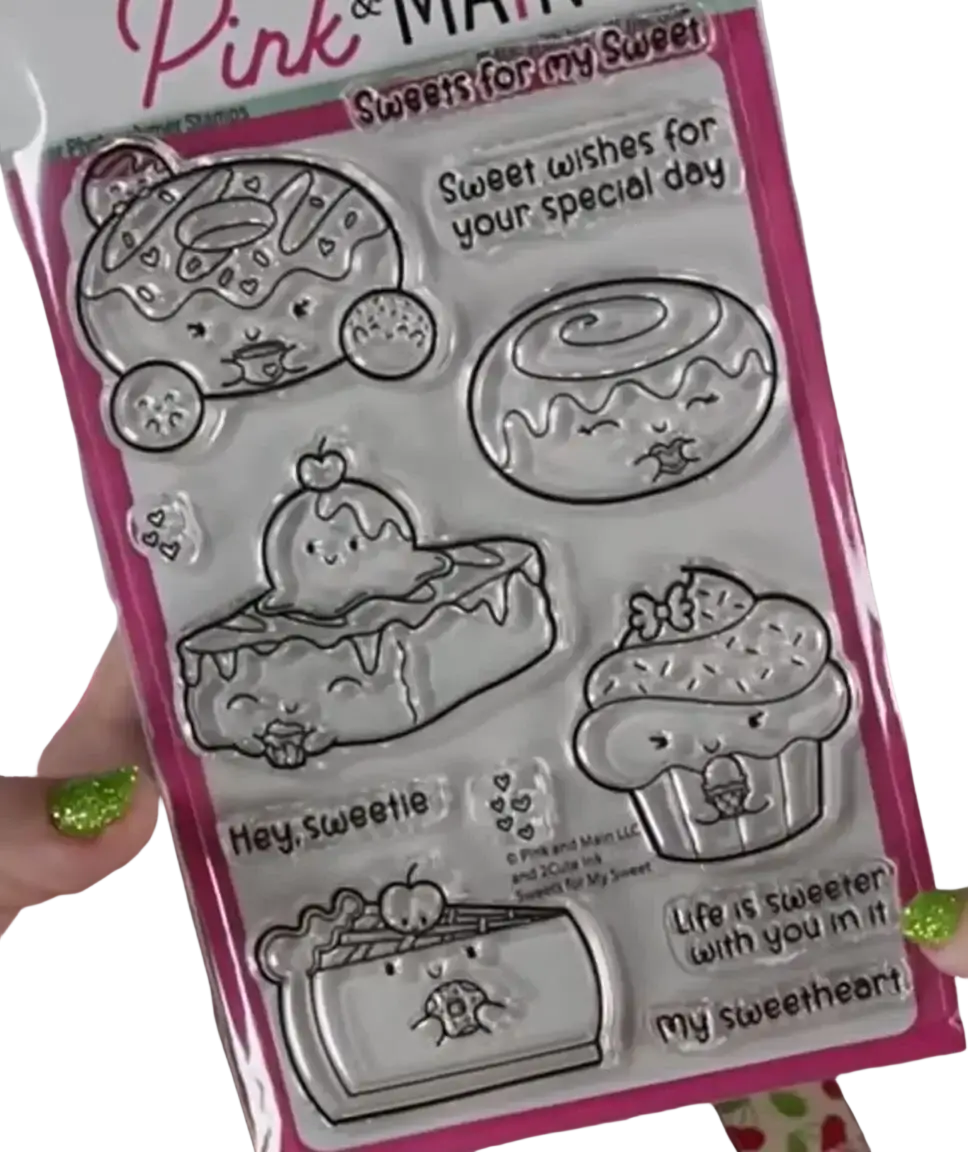 Valentine mouse metal cutting dies and clear stamps with clear plastic dessert character stamps on pink card