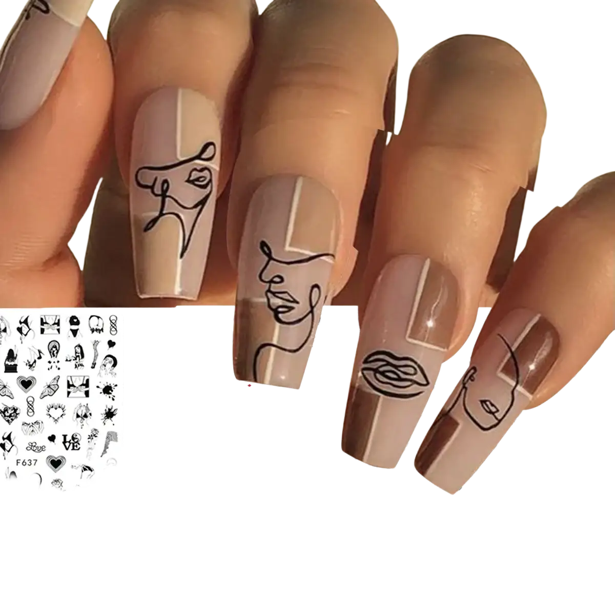 Valentine nail stickers love heart floral diy art decals featuring black line face and symbol drawings on white background