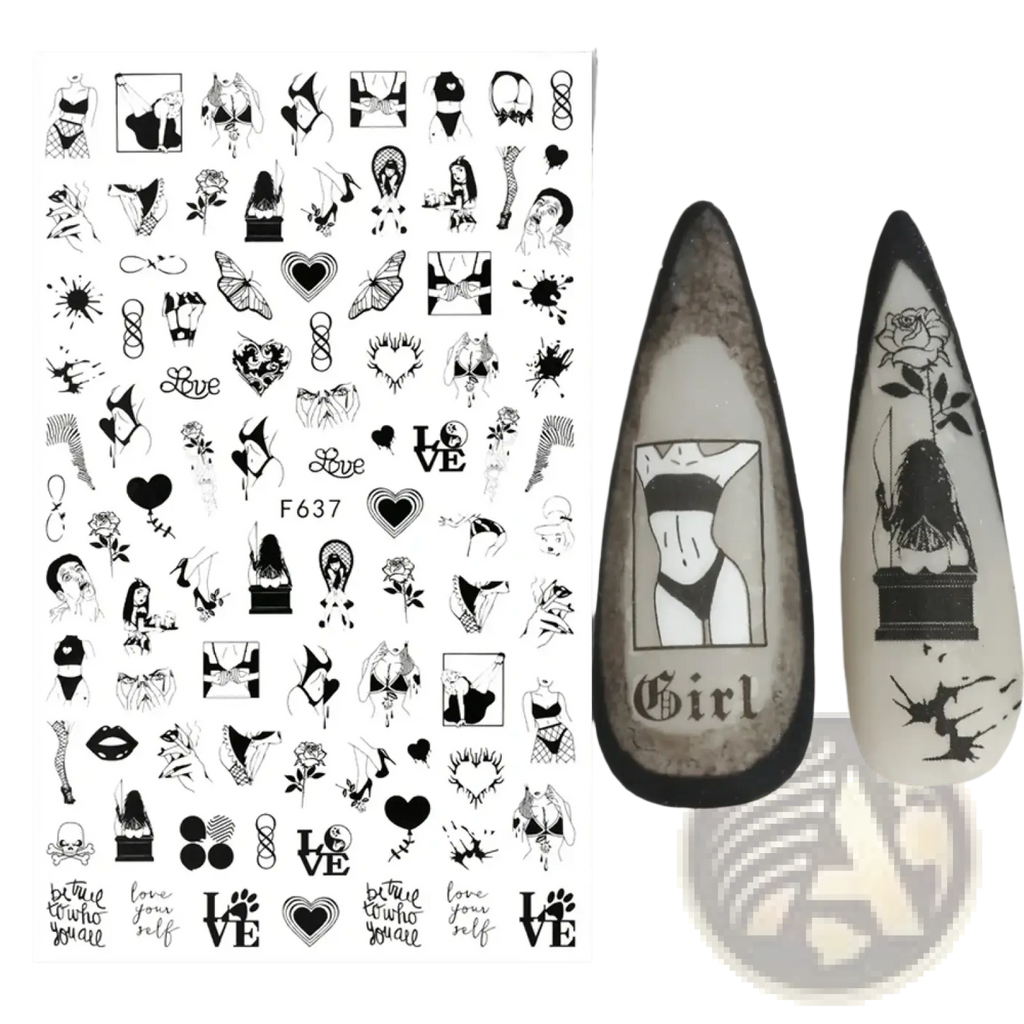 Black and white valentine nail stickers featuring love hearts floral designs on a sticker sheet with applied teardrop nails