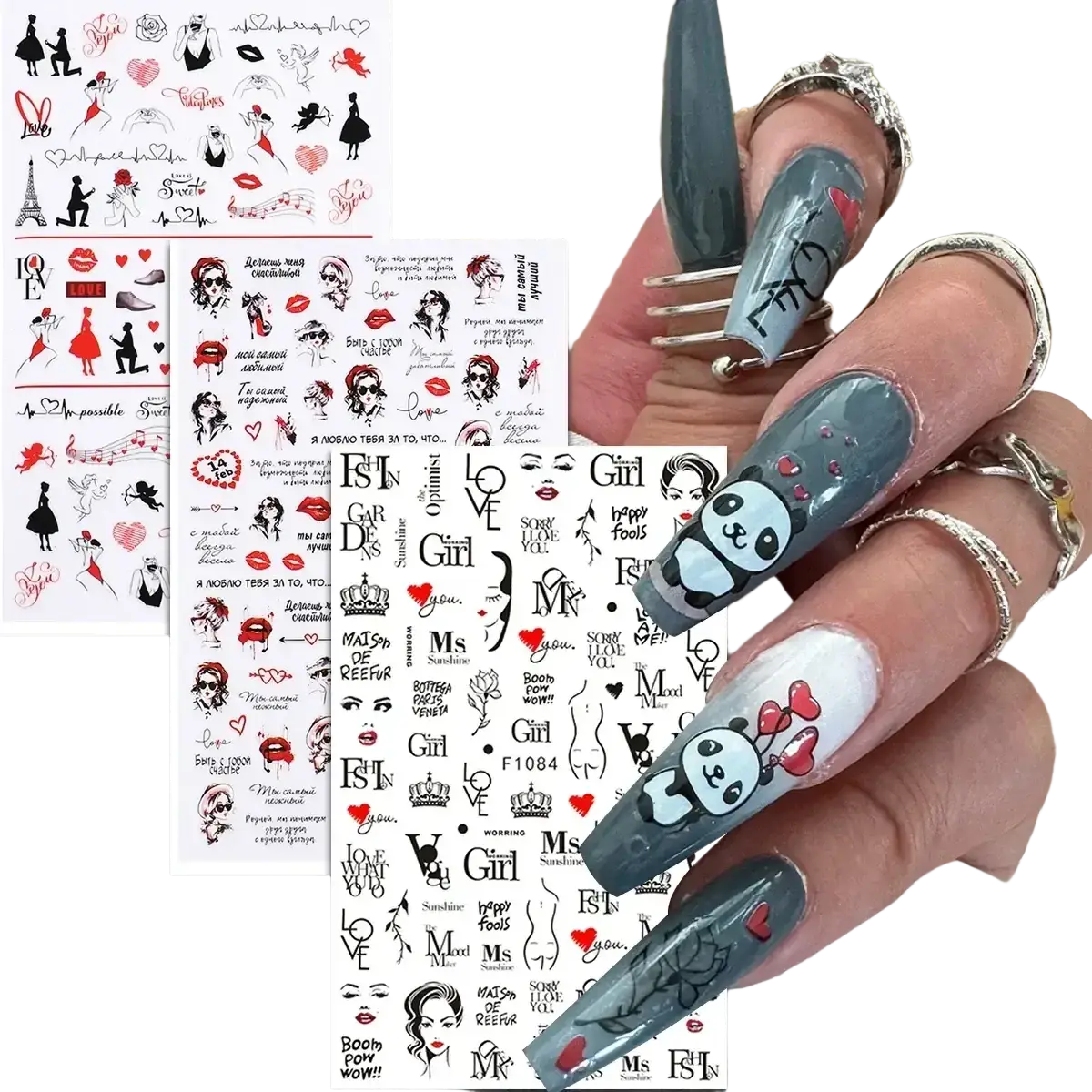 Valentine nail stickers featuring grey and white panda-themed decals with red heart accents on long coffin nails
