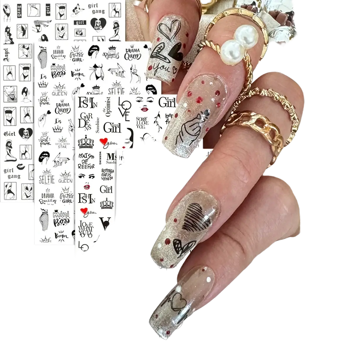 Long glittery nails with black ink designs and red rhinestones featuring valentine nail stickers love heart floral diy art decals