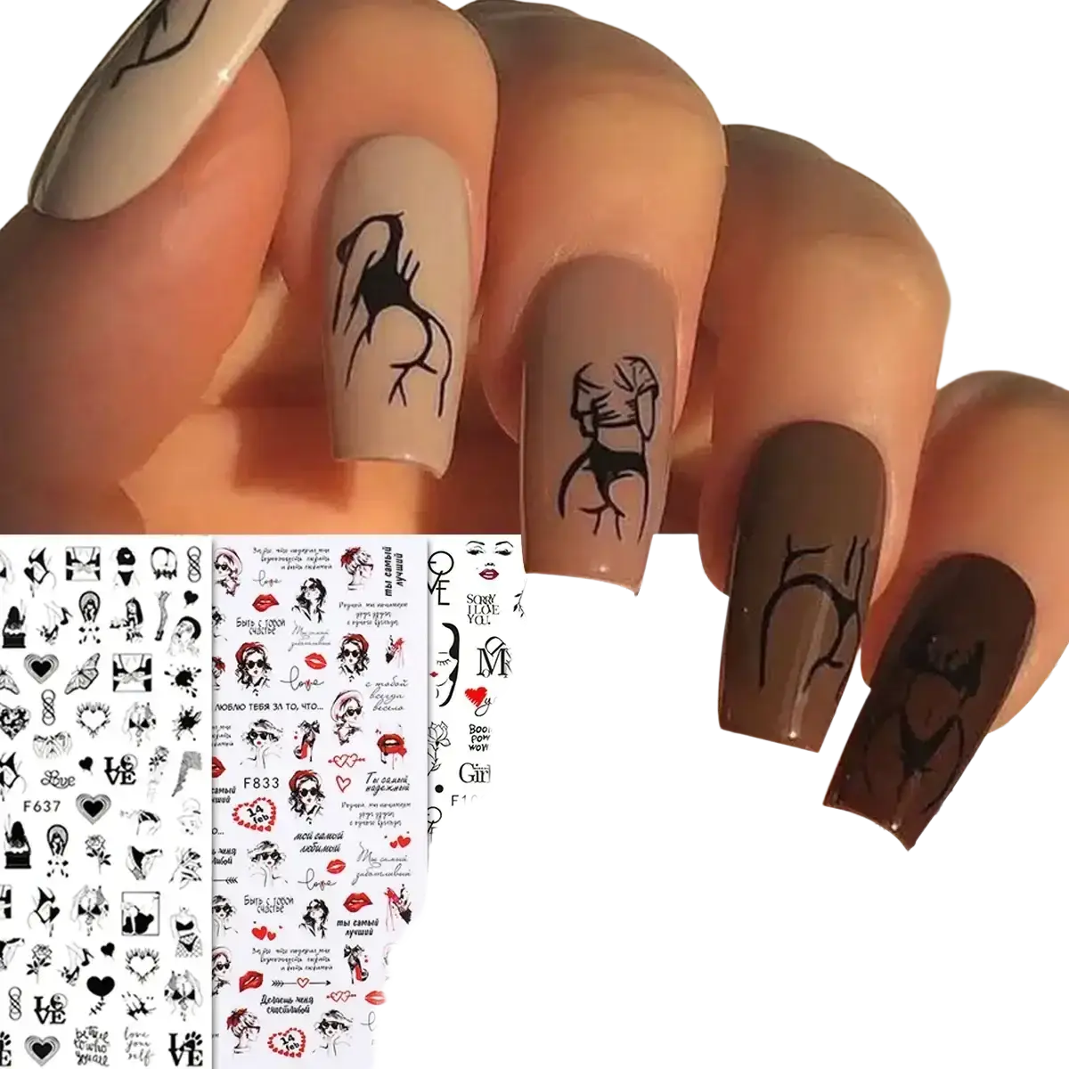 Nails with black silhouette decals on beige and brown polish featuring valentine nail stickers diy art decals